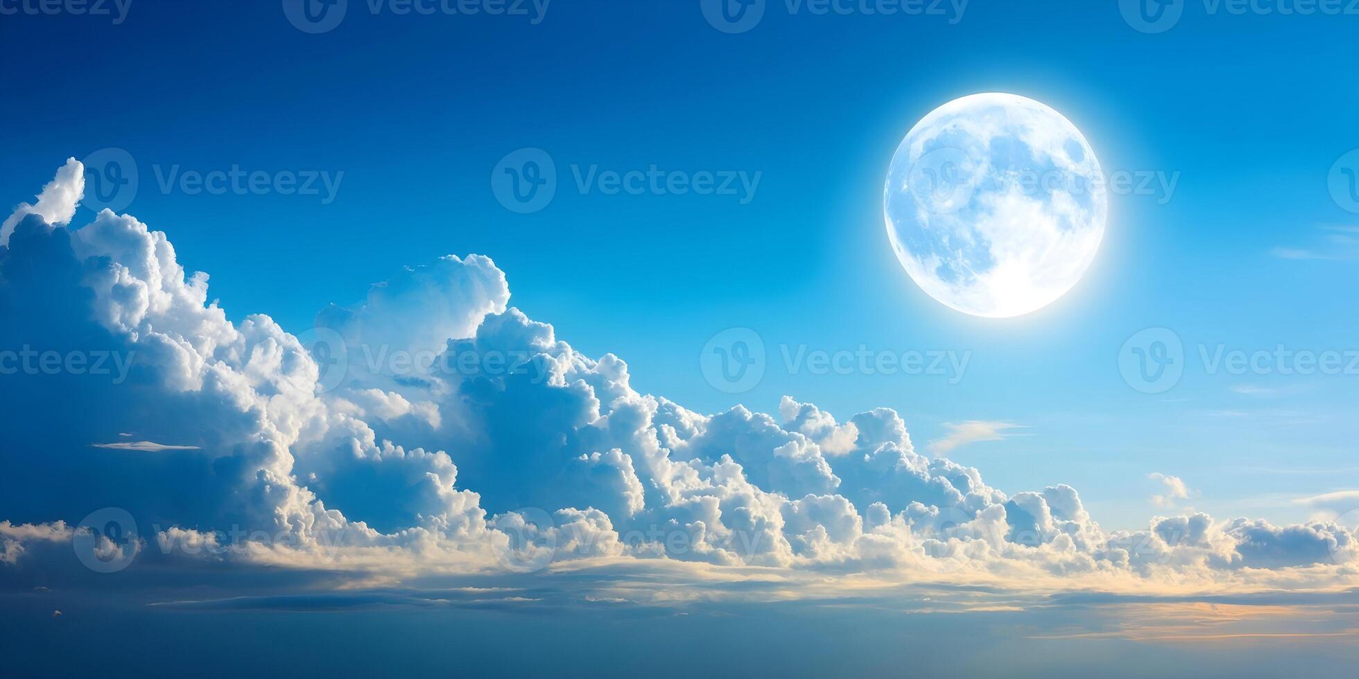 Full Moon over Fluffy White Clouds Blue Sky Background photo
