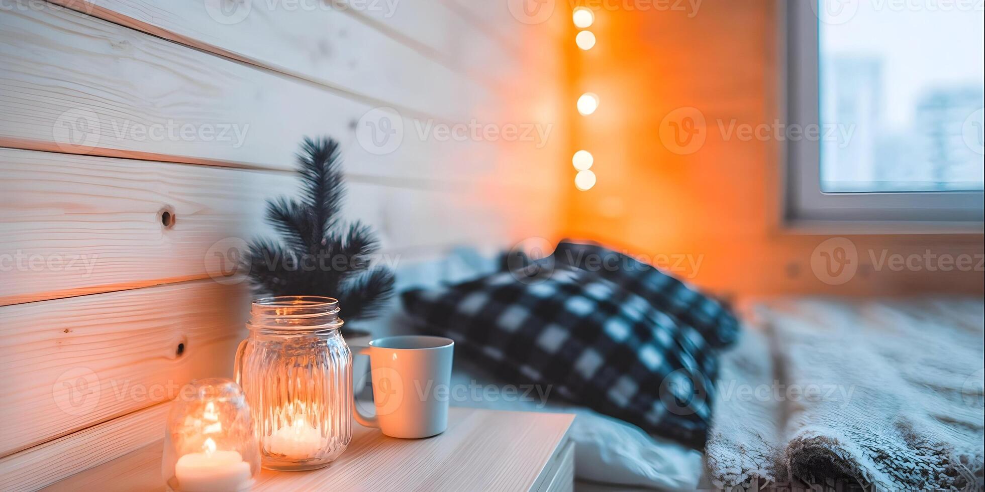 Cozy Bedroom Setting with Candles and Christmas Tree Decor Soft Lighting Warm Atmosphere photo