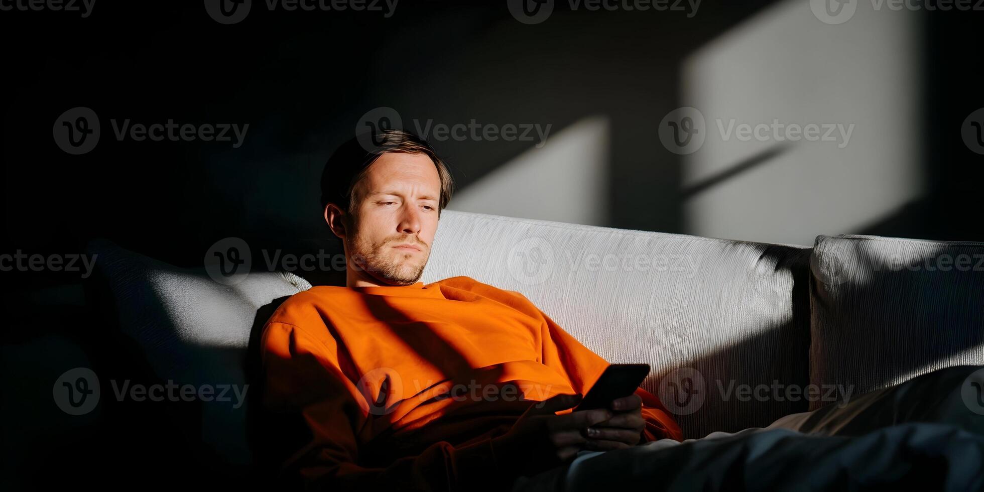 Man Sitting on Couch Using Smartphone Sunlight Shadow photo