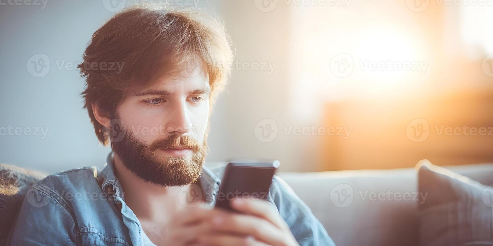 Young Man with Beard Using Smartphone at Home Sitting on Couch photo