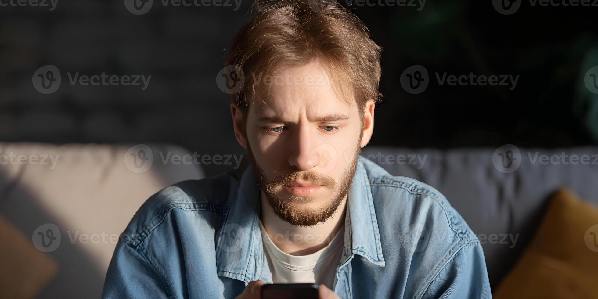Young Man with Blond Hair Uses Smartphone Indoors Closeup photo