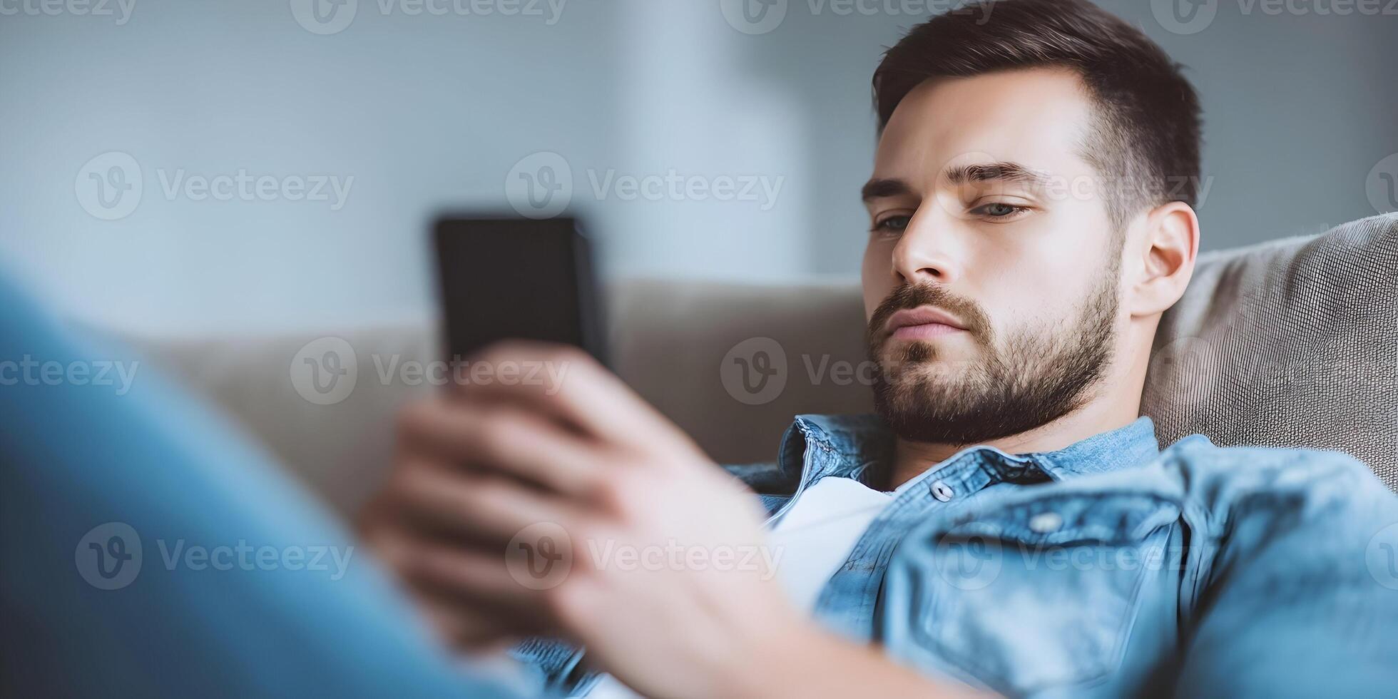 Man Relaxing on Couch Using Smartphone Casual Denim Shirt photo