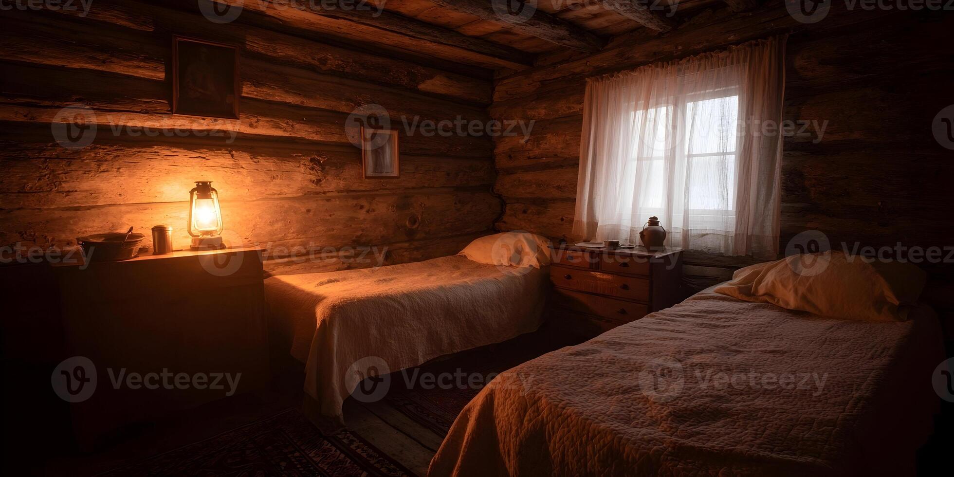 Rustic Log Cabin Bedroom Interior Two Beds Night Lamp photo