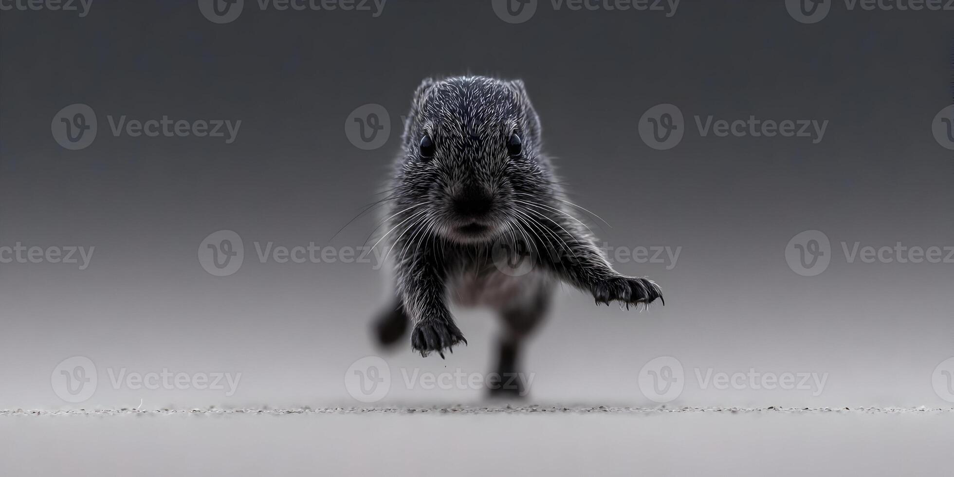 Small Dark Gray Rodent Running Towards Camera Blurred Background photo