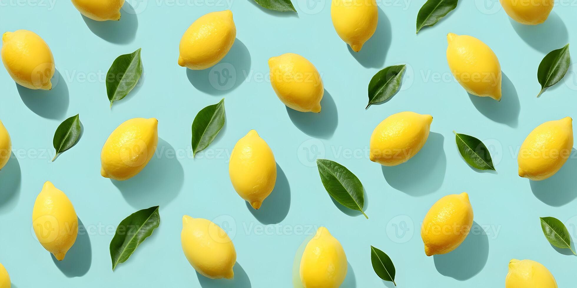 Fresh Lemons and Green Leaves Pattern on Light Blue Background photo