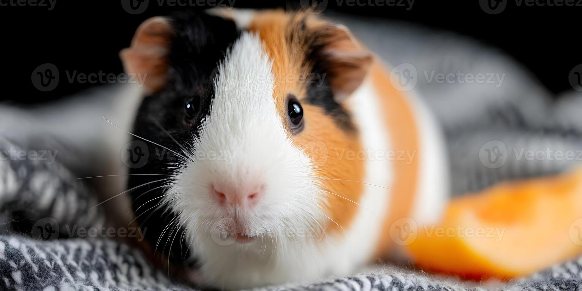 Adorable Tricolor Guinea Pig on Cozy Blanket with Orange Slice photo