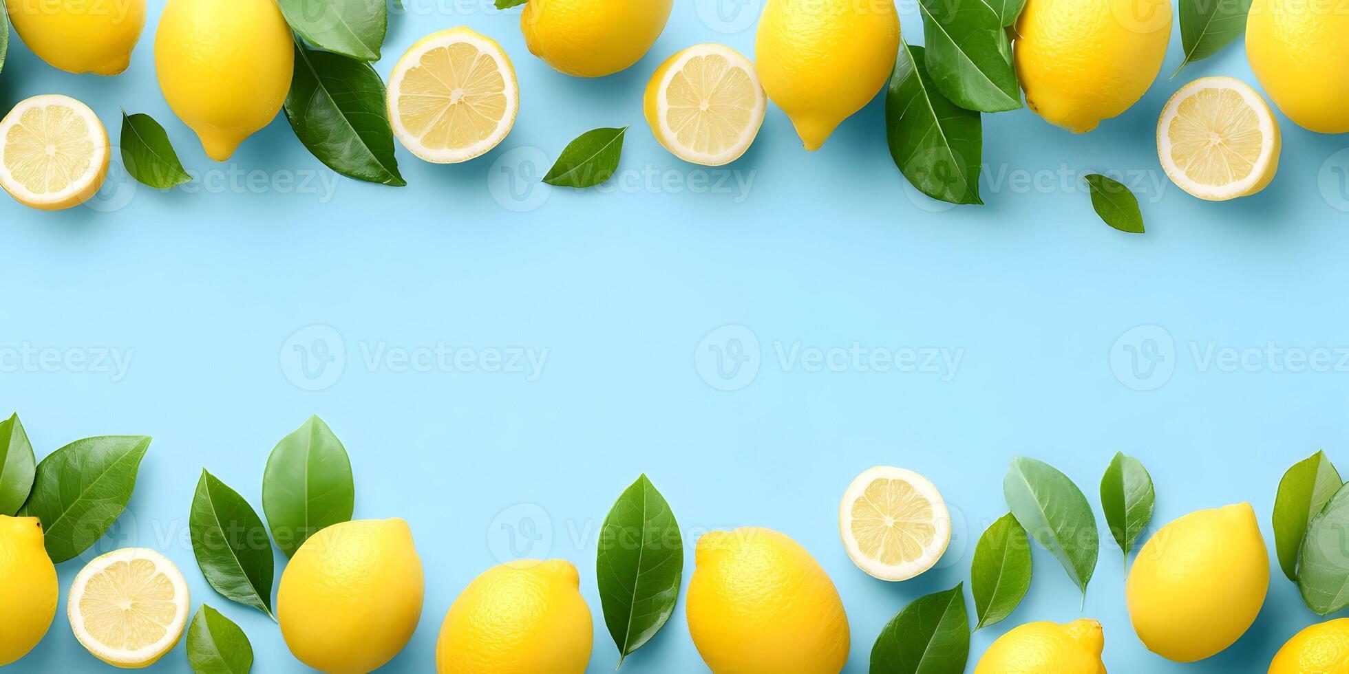 Lemons and Leaves Frame on Blue Background photo
