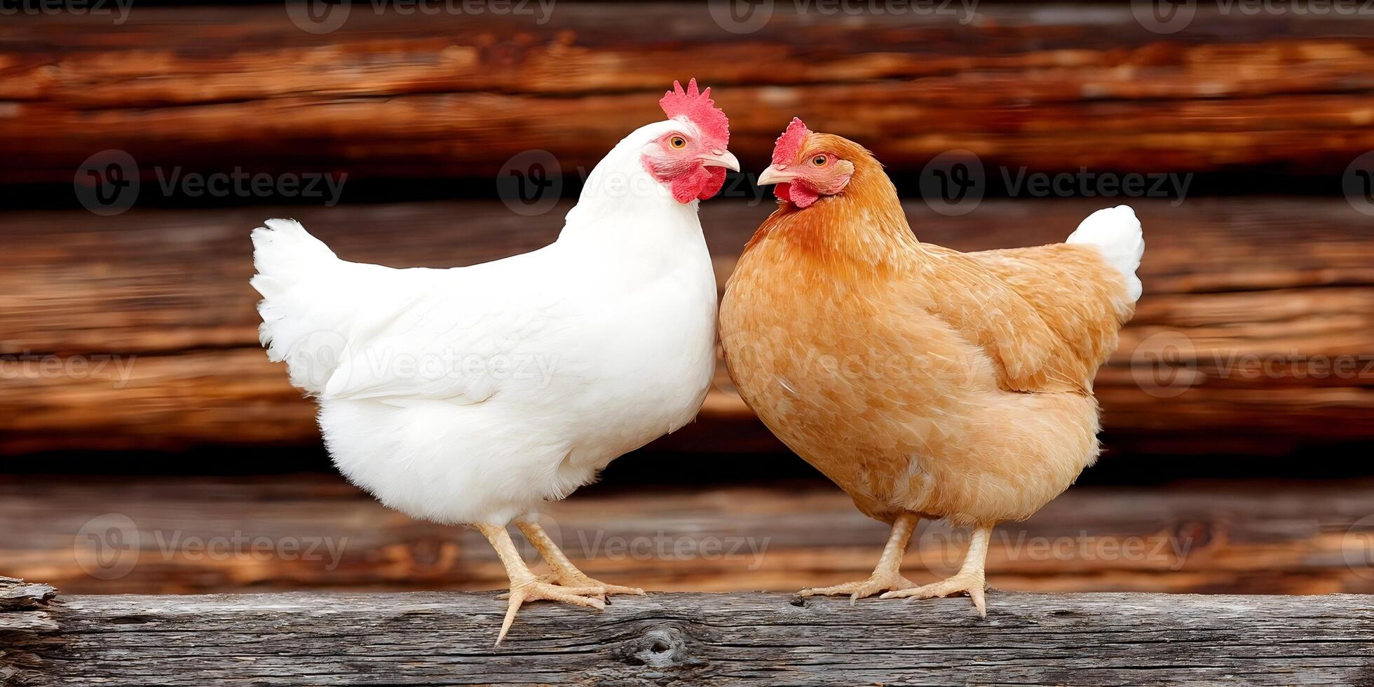 Two Hens White and Brown on Wooden Fence Farm Animals photo