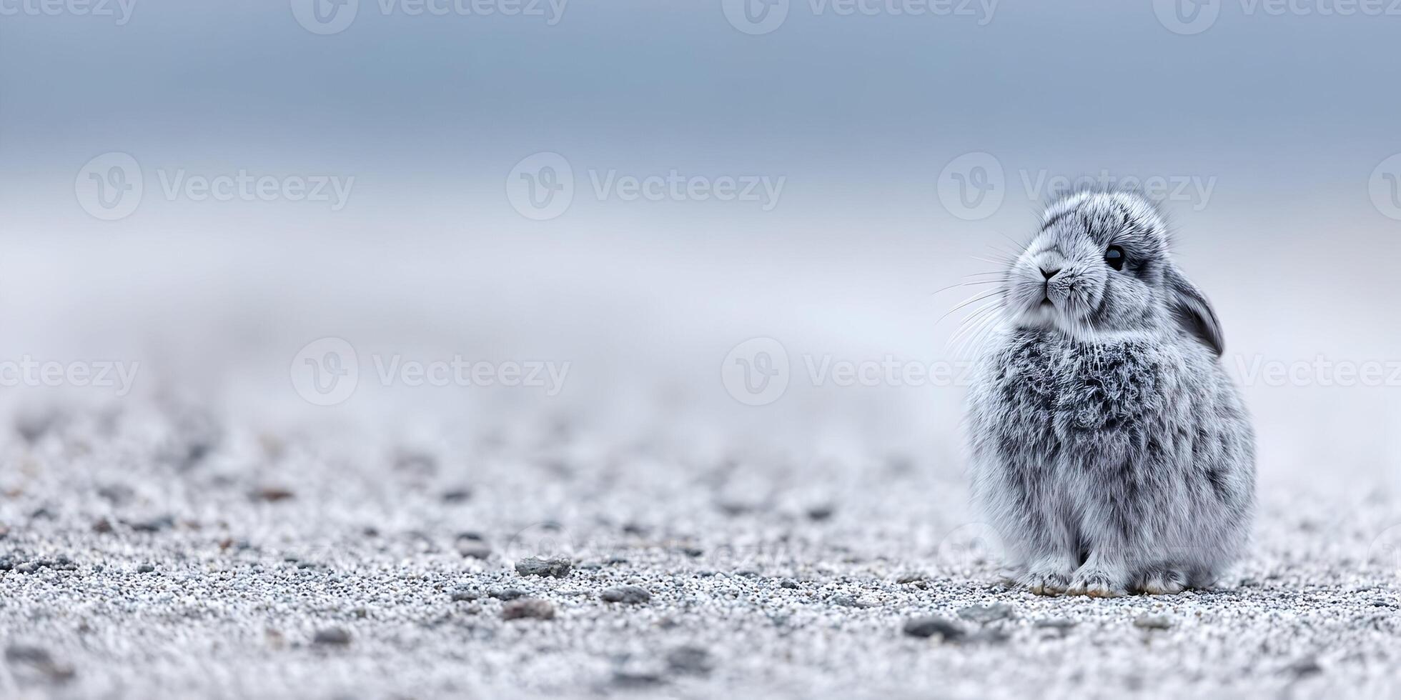 Cute Gray Rabbit Sitting on Pebbles Winter Scene photo