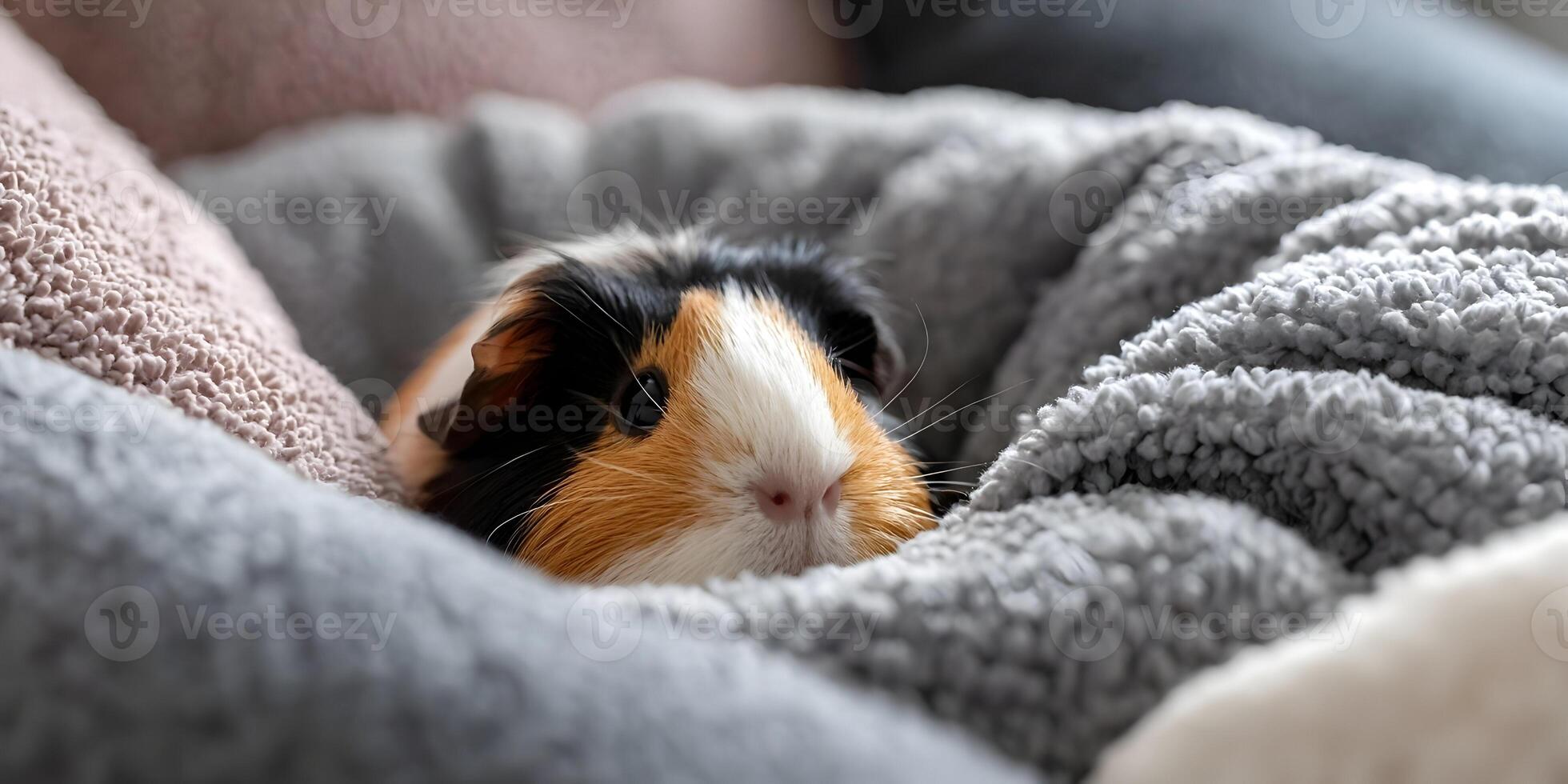 Cute Guinea Pig in Cozy Blanket Soft Fluffy Texture Pet Animal photo