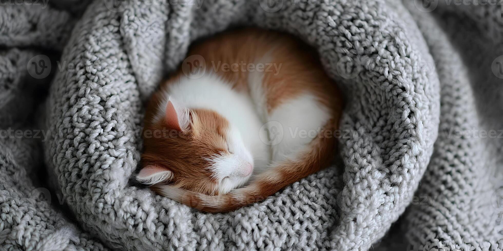 Ginger and White Kitten Sleeping in Gray Knit Blanket Cozy Cute Cat photo
