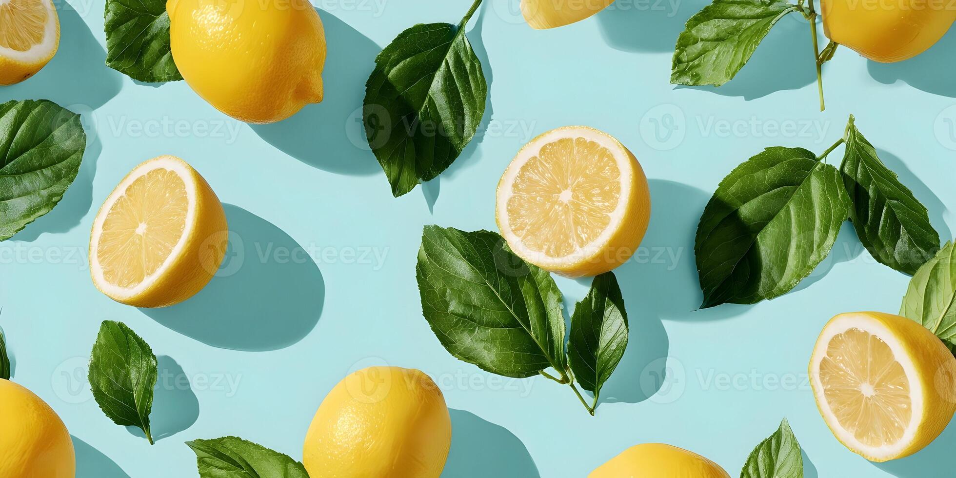 Lemons and Green Leaves Flatlay Pattern Bright Summer Citrus Fruit Background photo