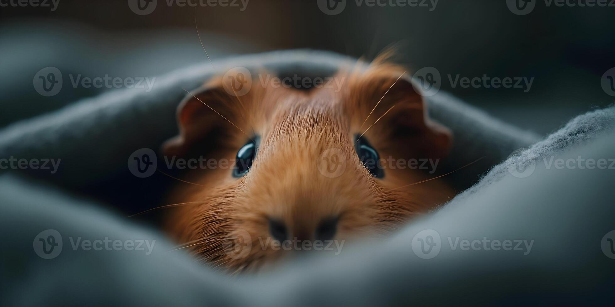 Closeup of Red Guinea Pig Hiding in Gray Blanket photo