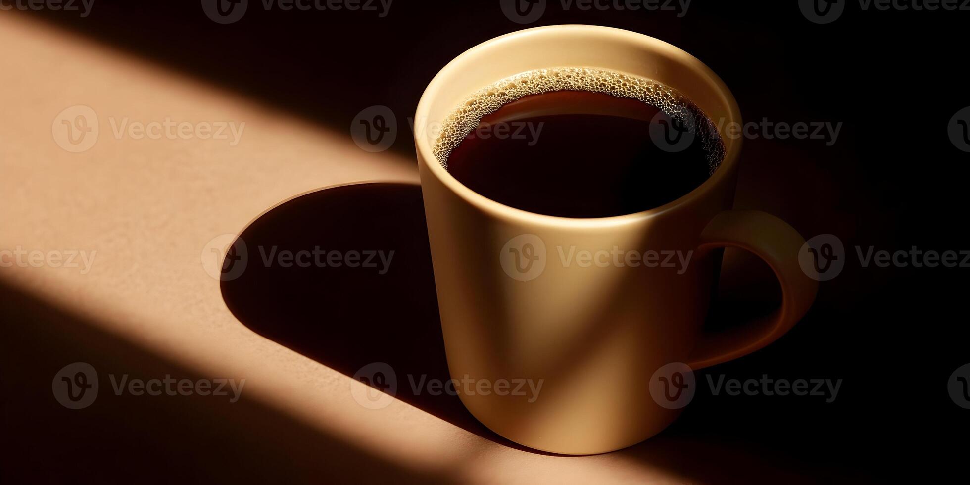 Beige Mug of Coffee Dark Background Sunlight Shadow photo