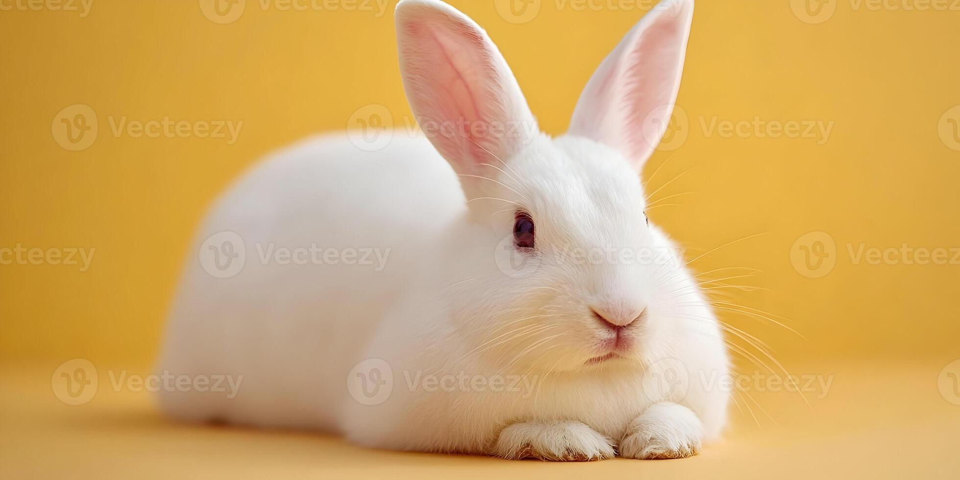 Cute White Rabbit Sitting on Yellow Background Pet Animal Easter Bunny photo
