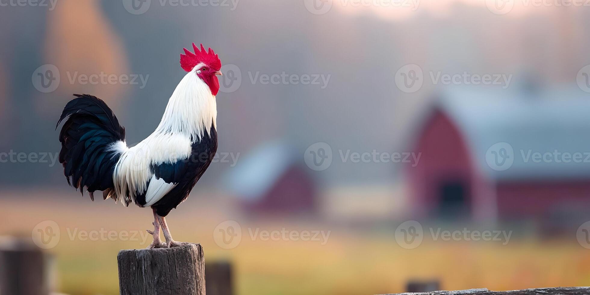 Black and White Rooster on Wooden Post Rural Farm Scene Sunrise photo