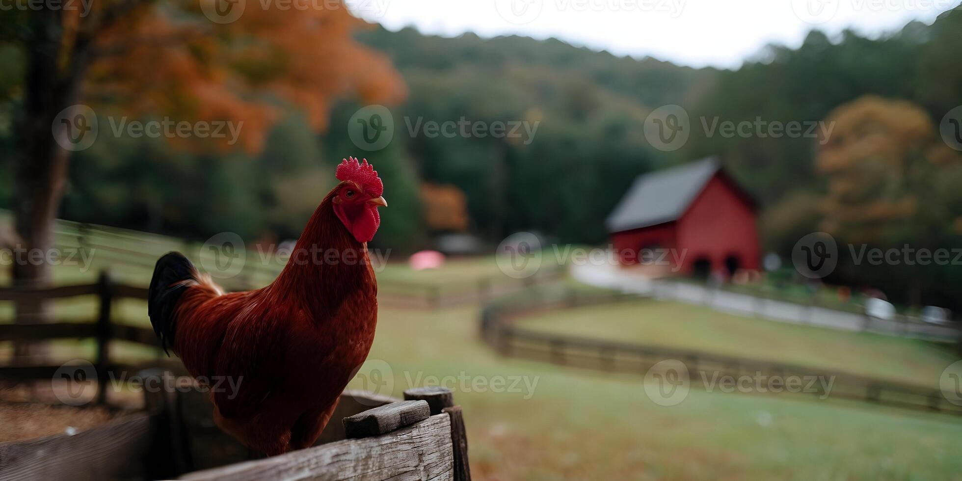 Rooster on Fence Farm Autumn Red Barn Background photo