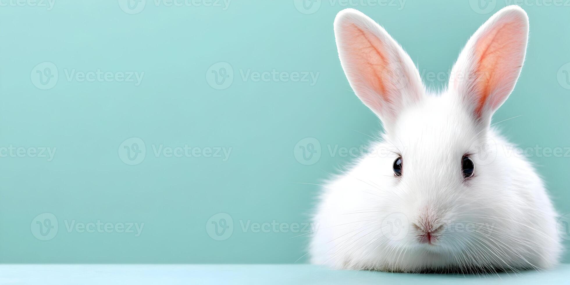 Cute White Bunny Rabbit on Light Teal Background Easter Rabbit Image photo