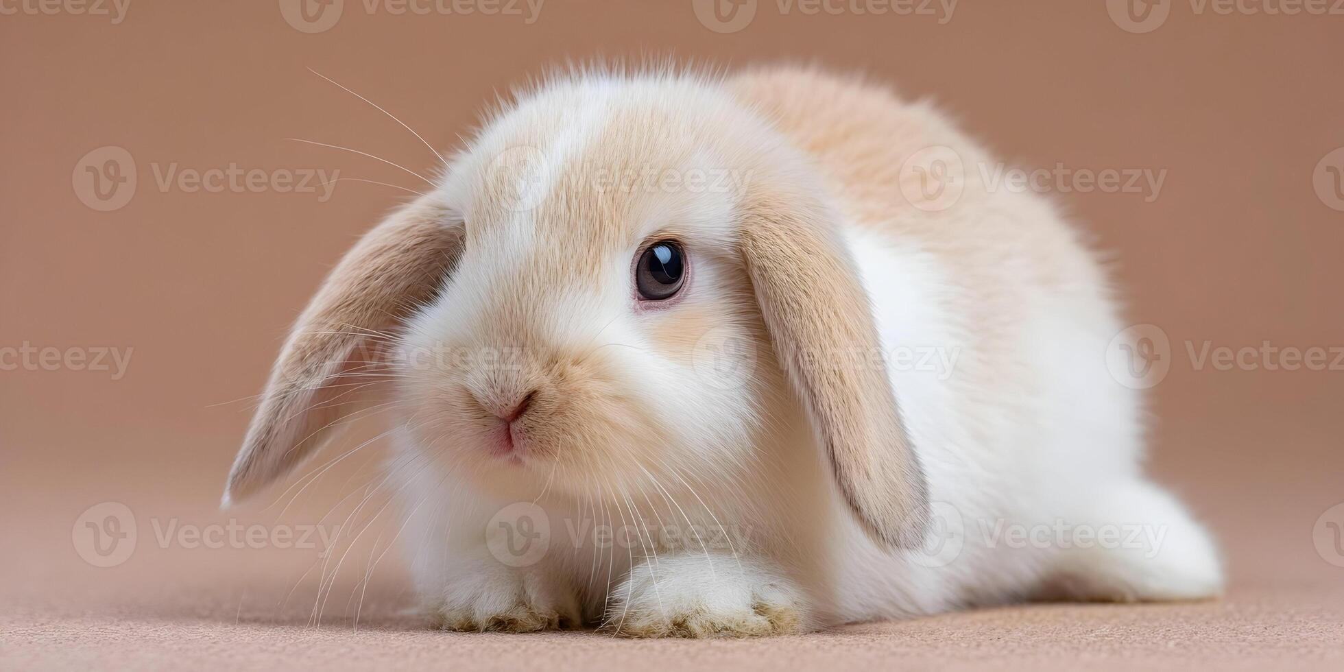 Adorable Baby Lop Eared Rabbit Fluffy Fur Brown Beige Background photo