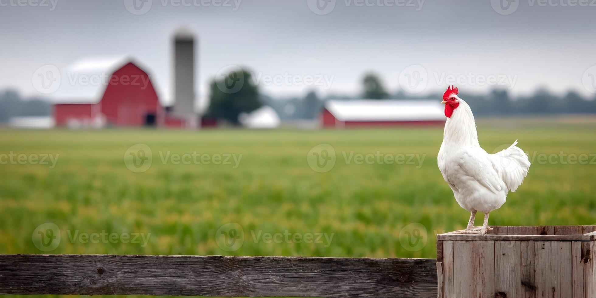 White Rooster Farm Animal on Wooden Fence Rural Scene Red Barns Countryside photo