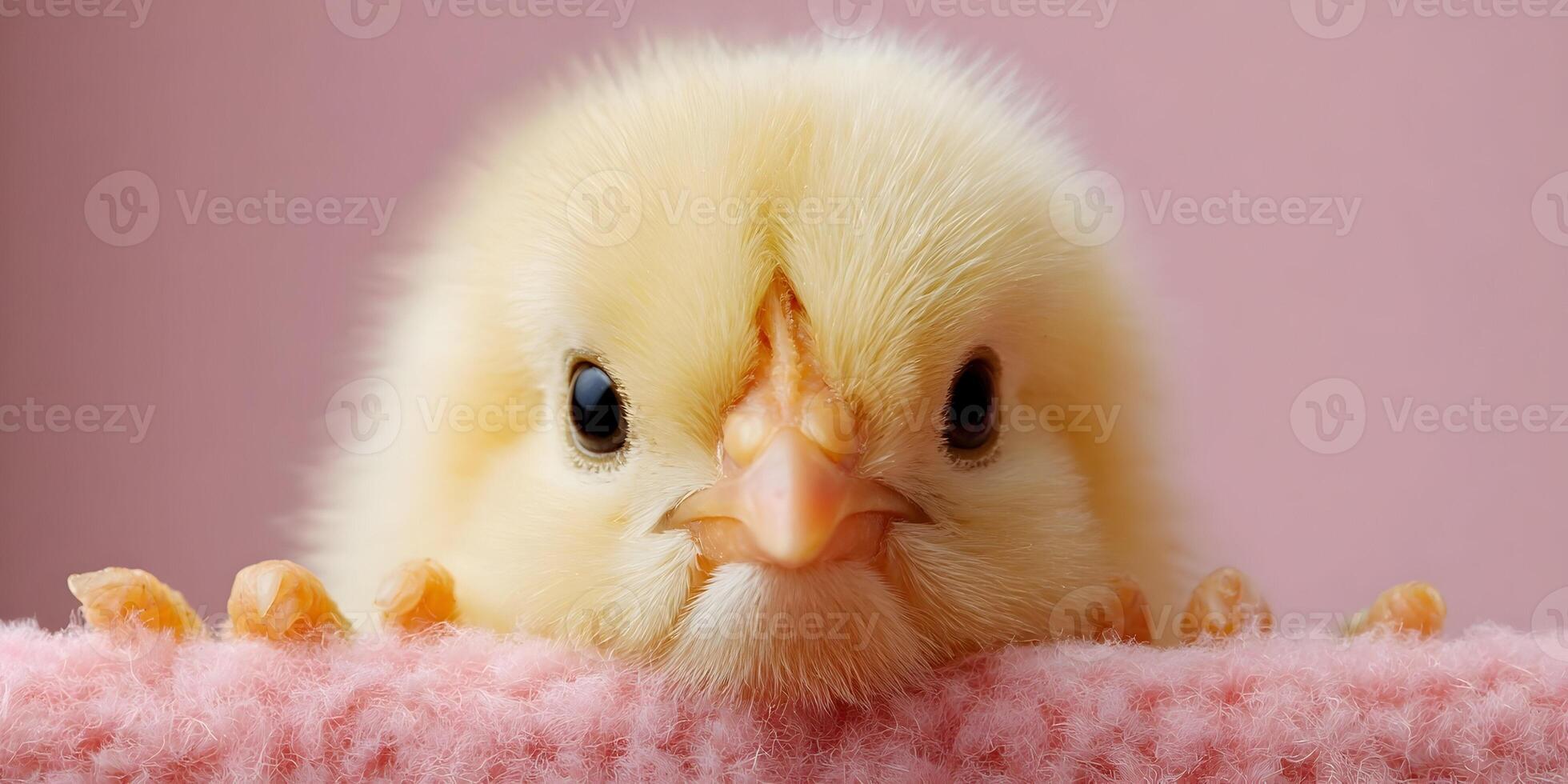 Cute Fluffy Yellow Baby Chick on Pink Background photo