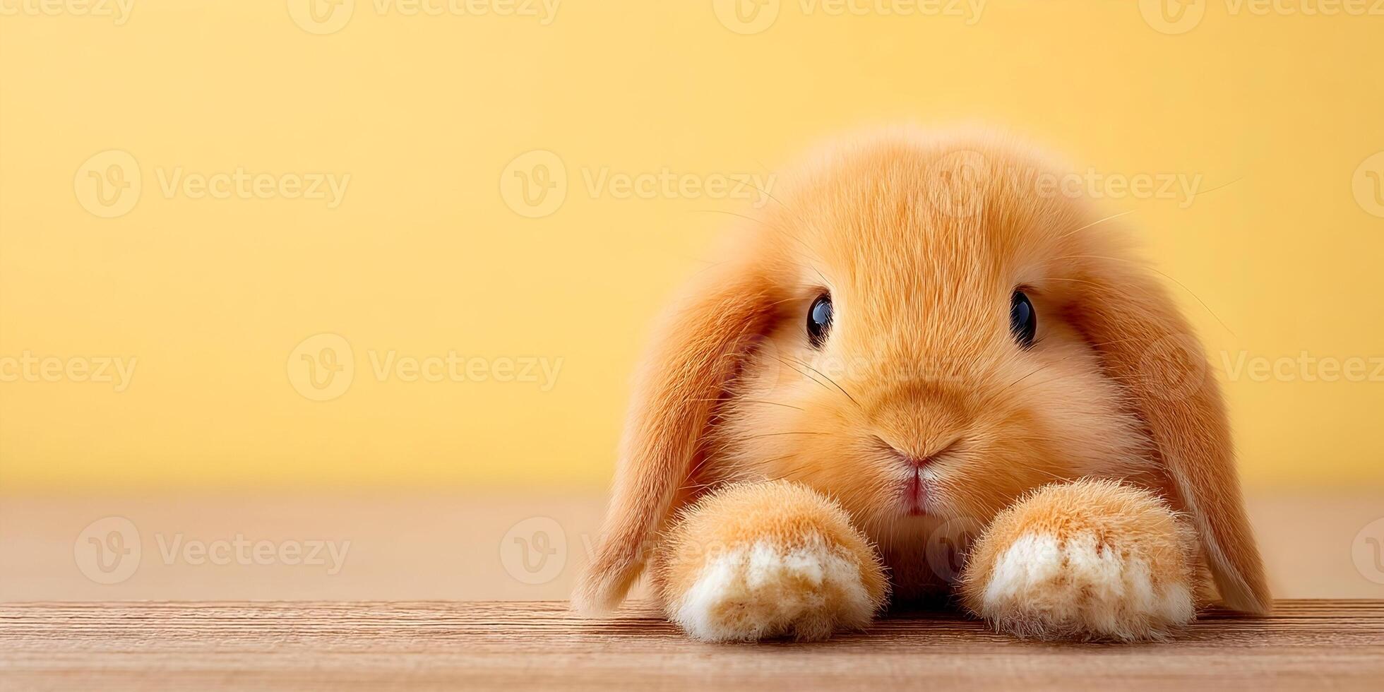 Cute Orange Lop Bunny Rabbit on Wooden Table Yellow Background photo