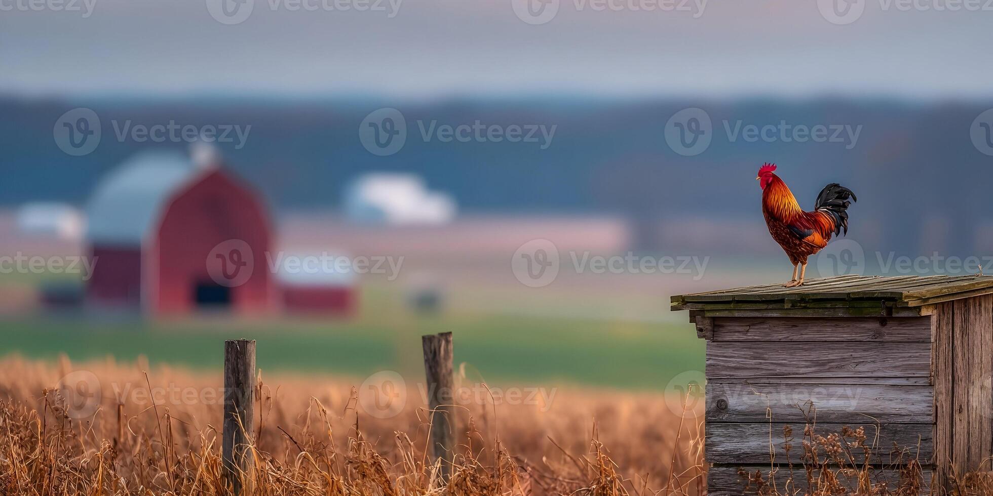 Rooster on Wooden Coop Rural Farm Scene Red Barn Background photo