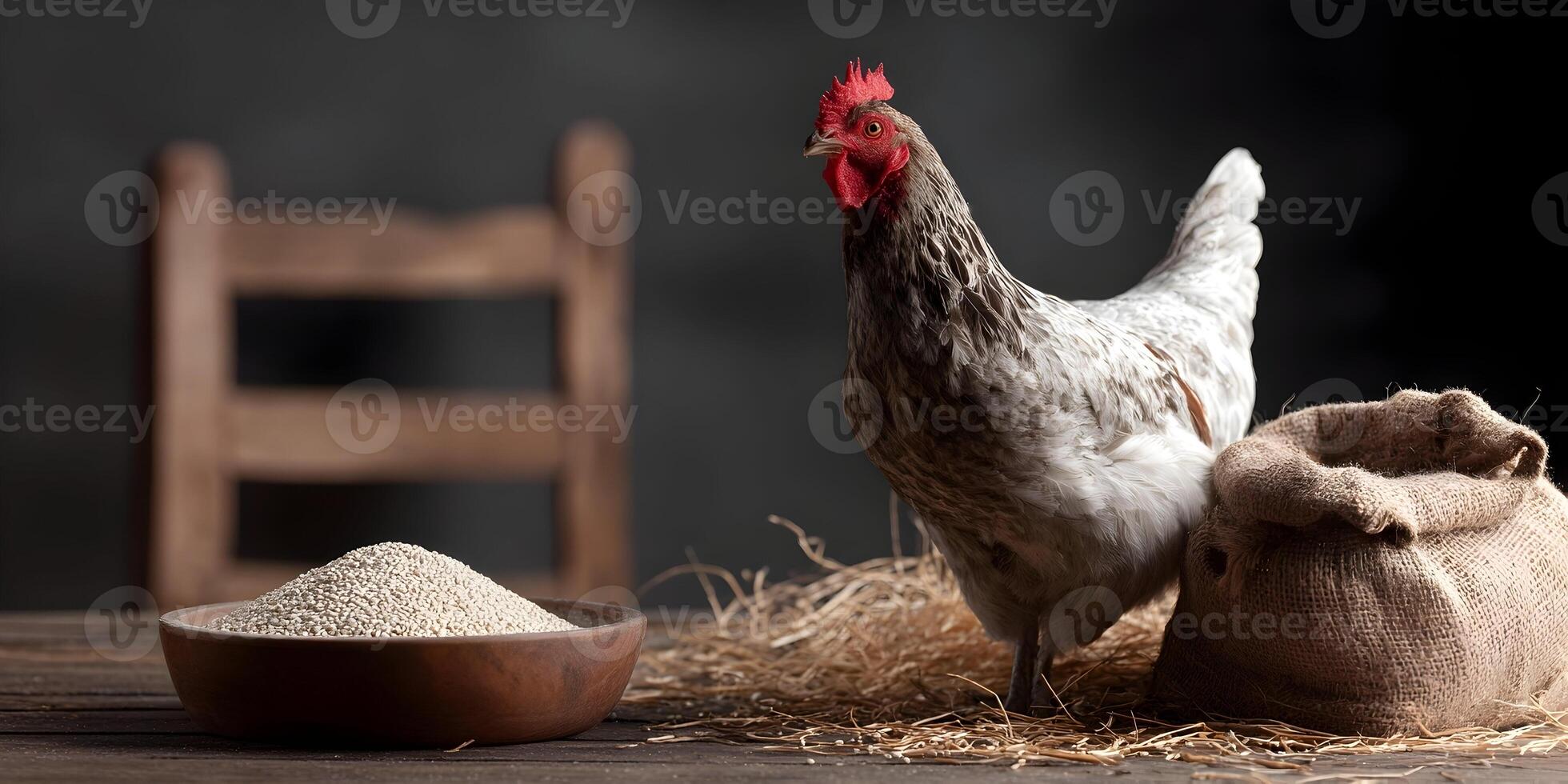 Barnyard Hen with Quinoa Grain in Wooden Bowl and Burlap Sack Rustic Farm Setting photo