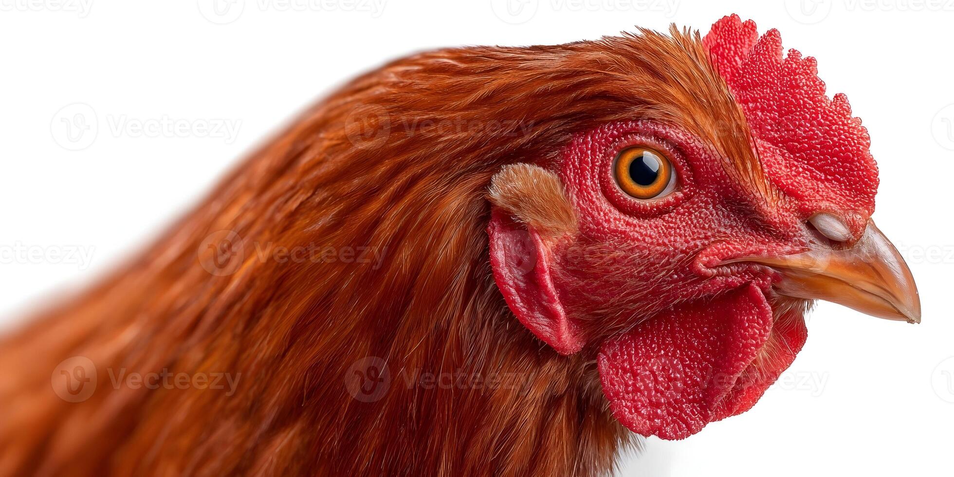 Closeup Rhode Island Red Rooster Head Profile View Detailed Feathers Red Comb Wattles photo