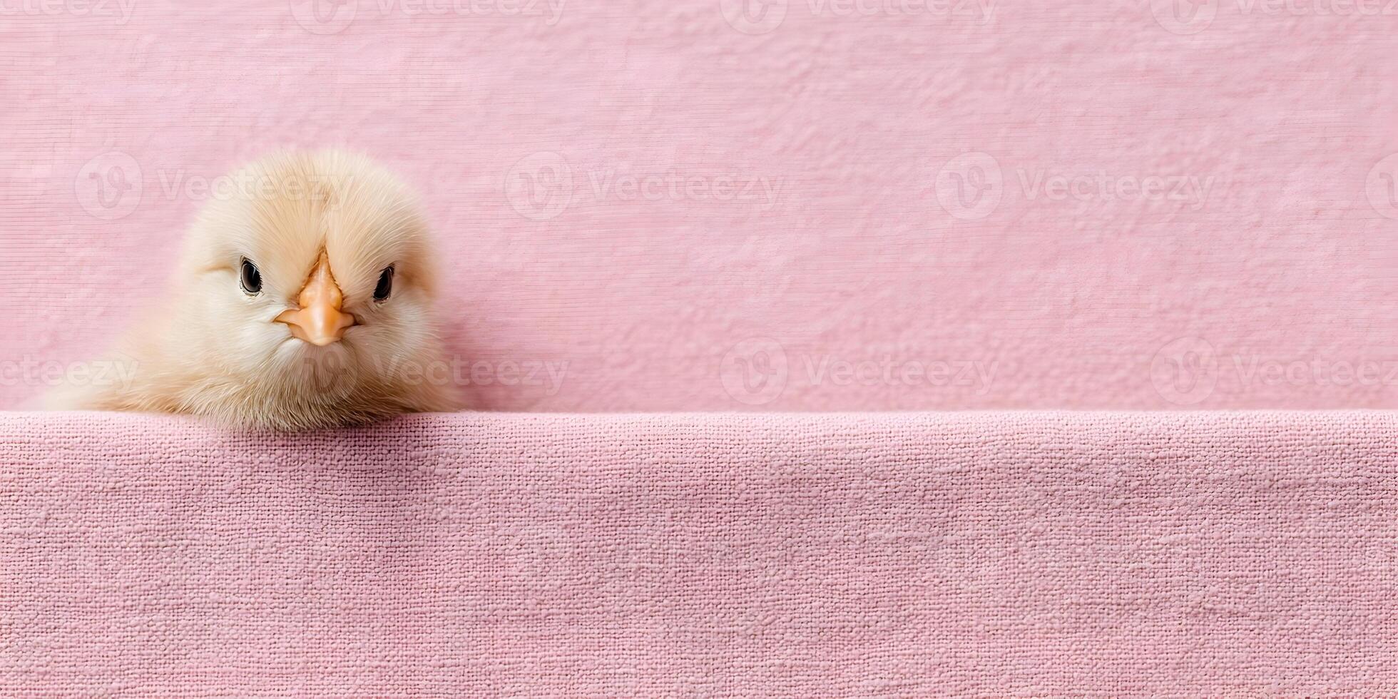 Cute Baby Chick Peeking Over Pink Fabric Background photo