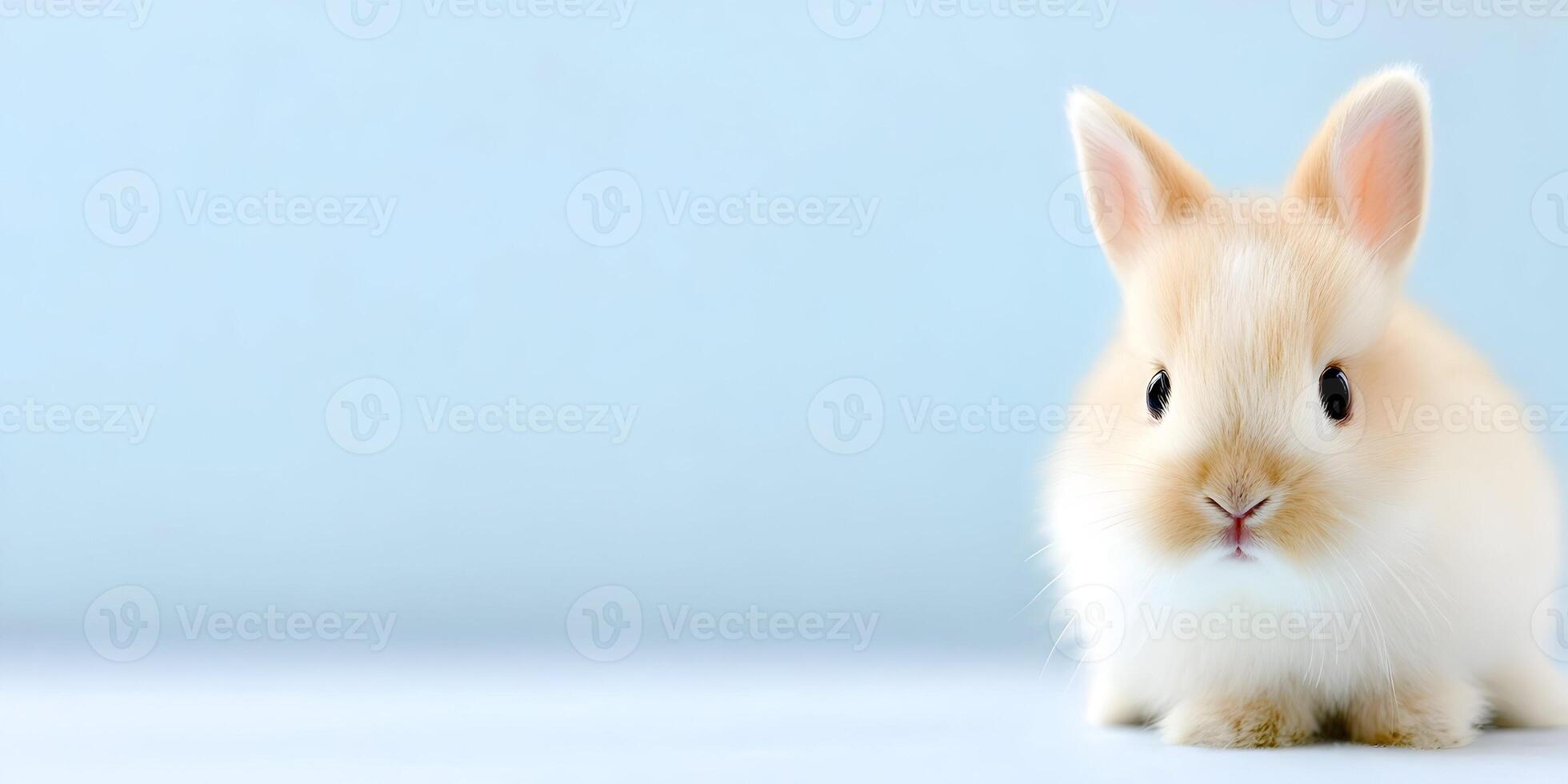 Cute Fluffy Baby Bunny Rabbit Light Blue Background photo