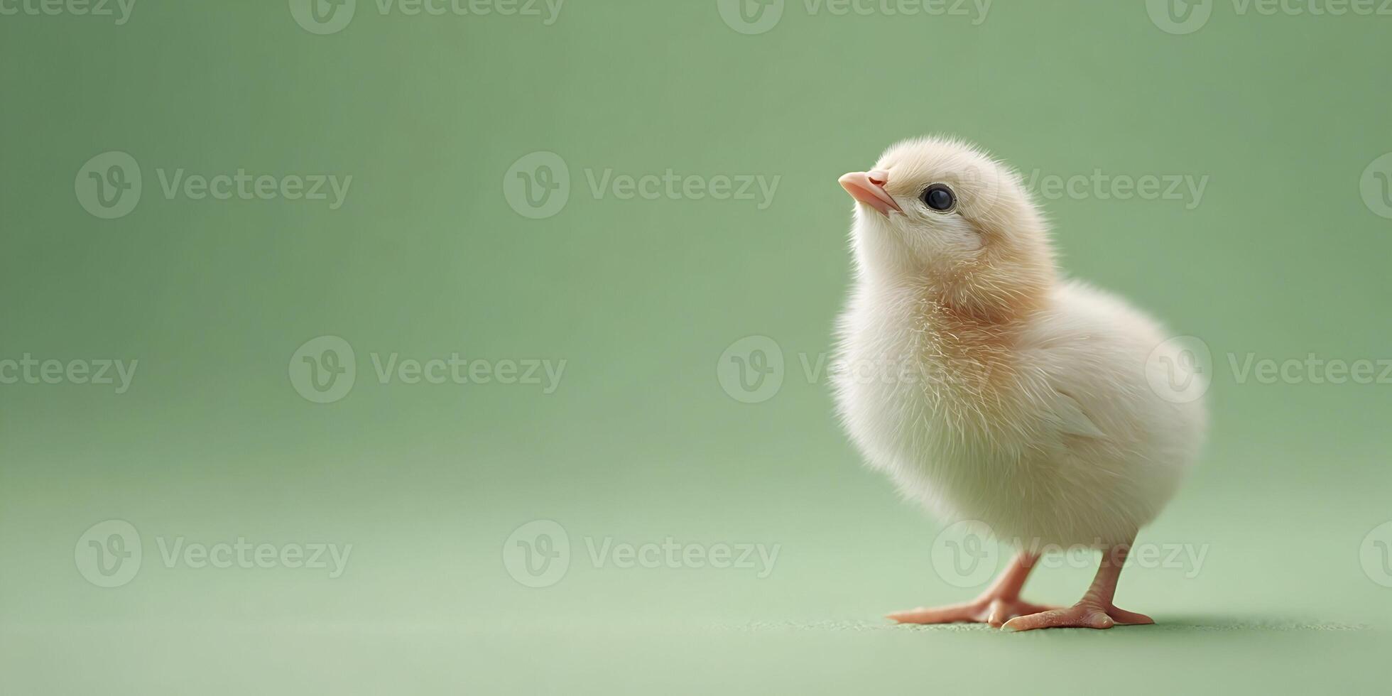 Cute Fluffy Baby Chick on Green Background Small Adorable Chicken Bird photo