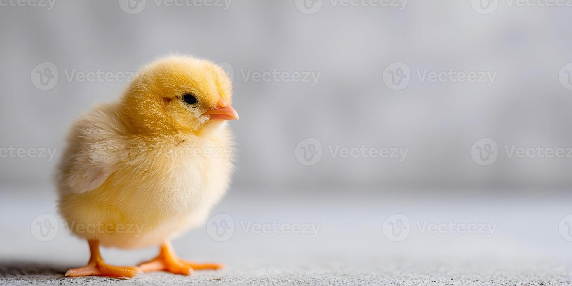 Cute Fluffy Yellow Baby Chick on Gray Background photo