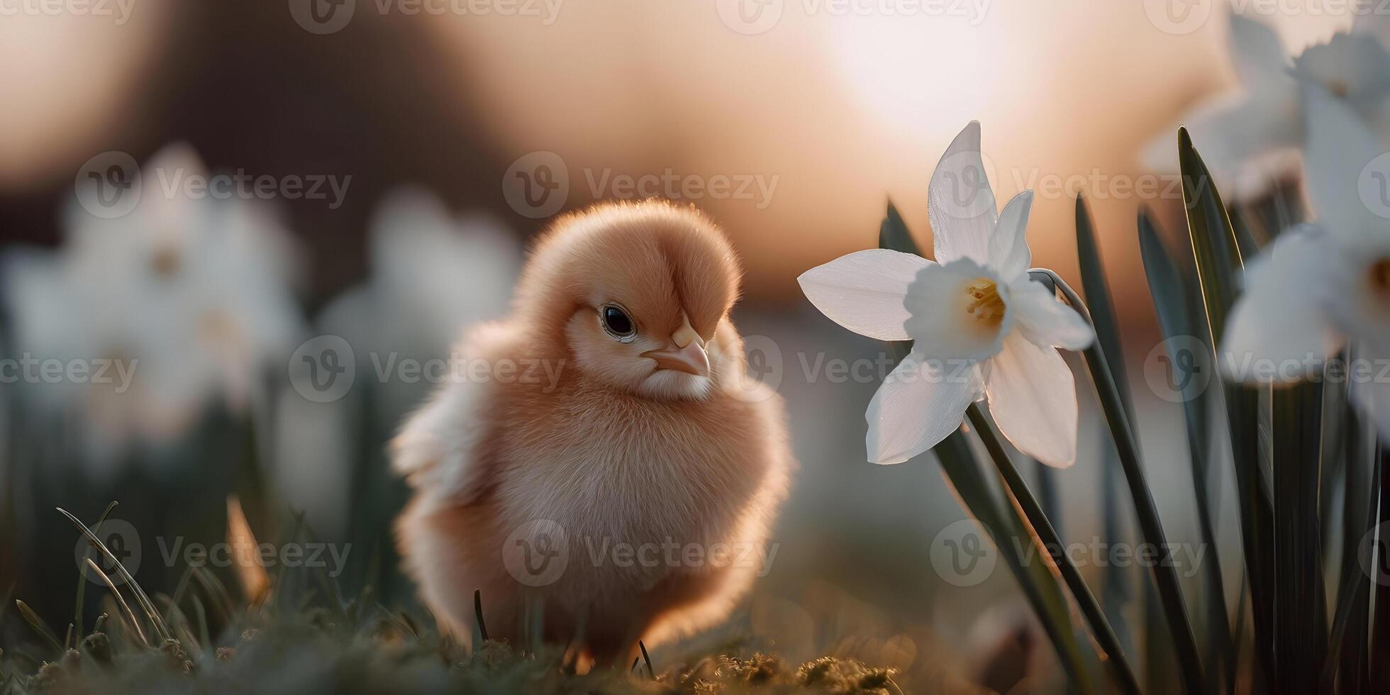 Cute Fluffy Baby Chick in Spring Daffodils Golden Hour Light photo