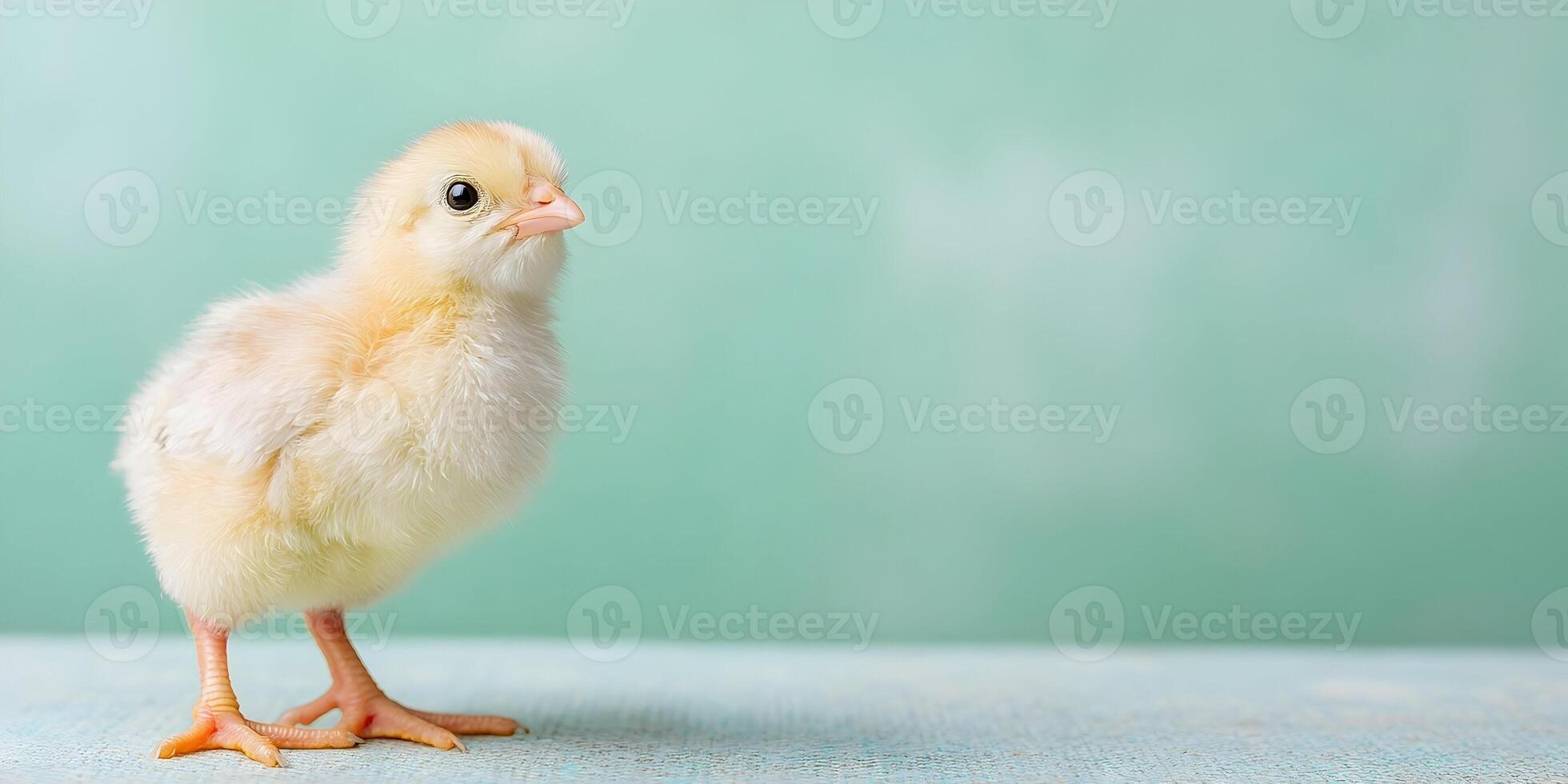Cute Fluffy Yellow Baby Chick on Turquoise Background photo