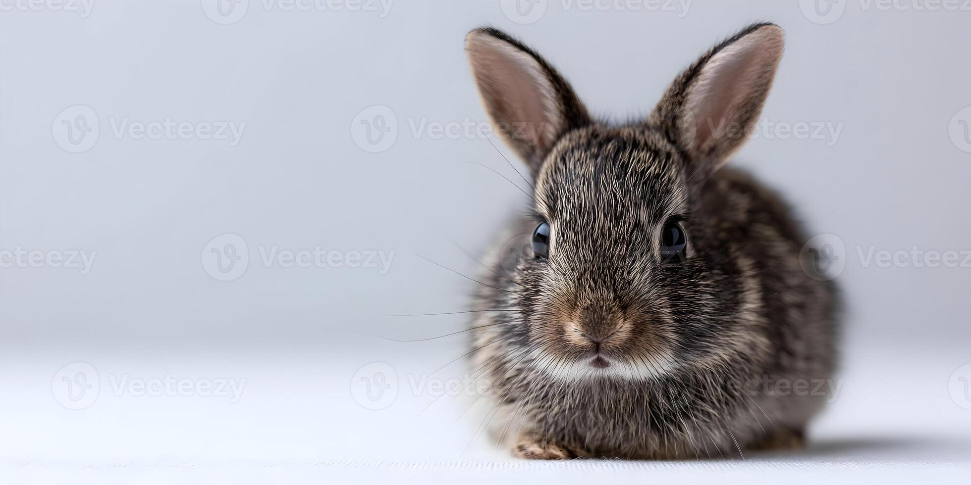 Adorable Baby Brown Rabbit Closeup Fluffy Fur Grey Background photo