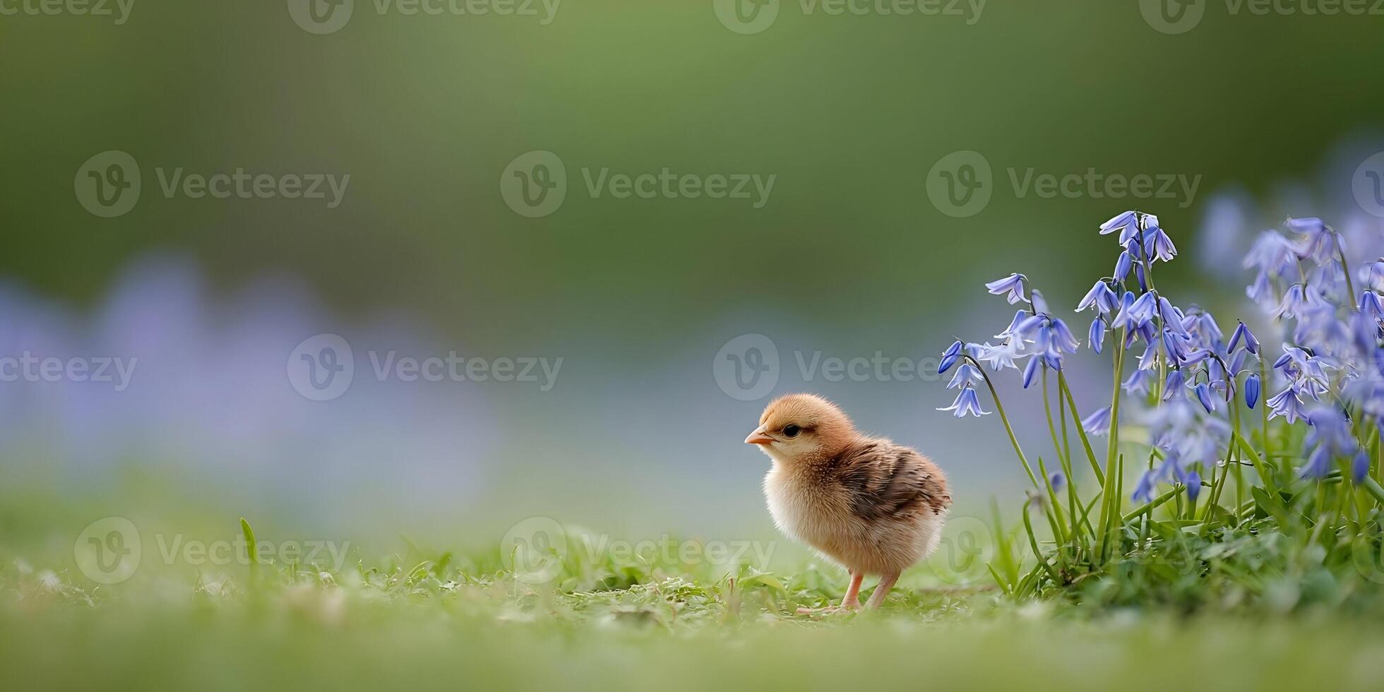Cute Baby Chick Near Bluebells Springtime Nature Scene photo