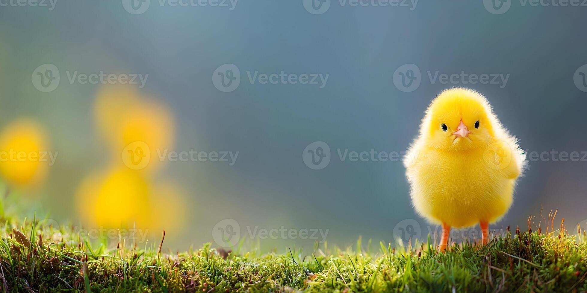 Cute Yellow Chick Fluffy Baby Bird Spring Nature Grass photo