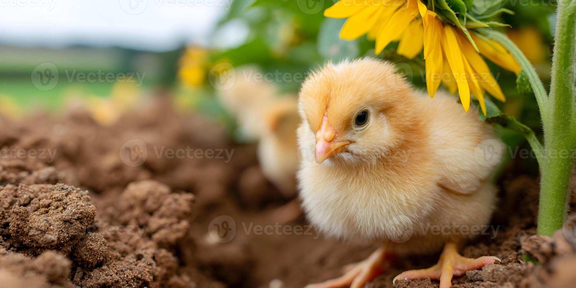 Cute Fluffy Yellow Baby Chicks in Sunflower Garden Brown Soil photo