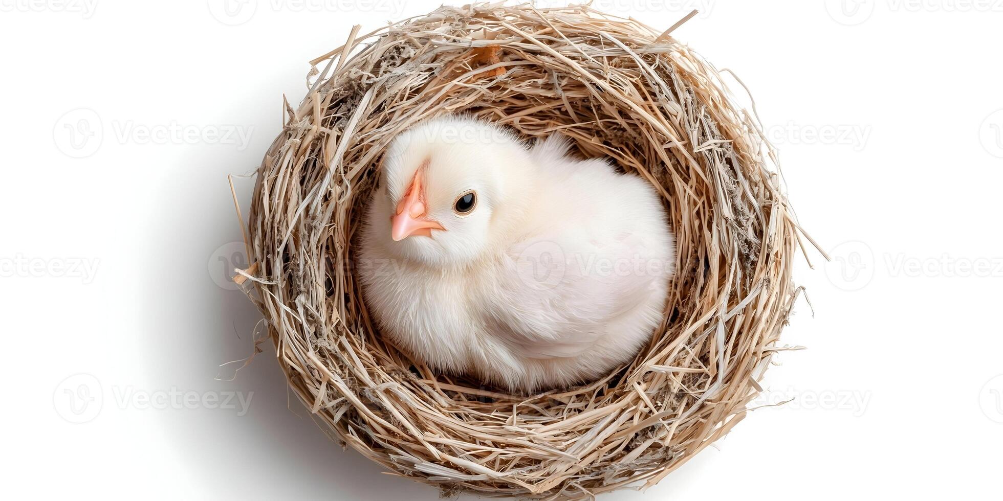 Cute Fluffy White Baby Chick in Bird Nest Easter Spring photo