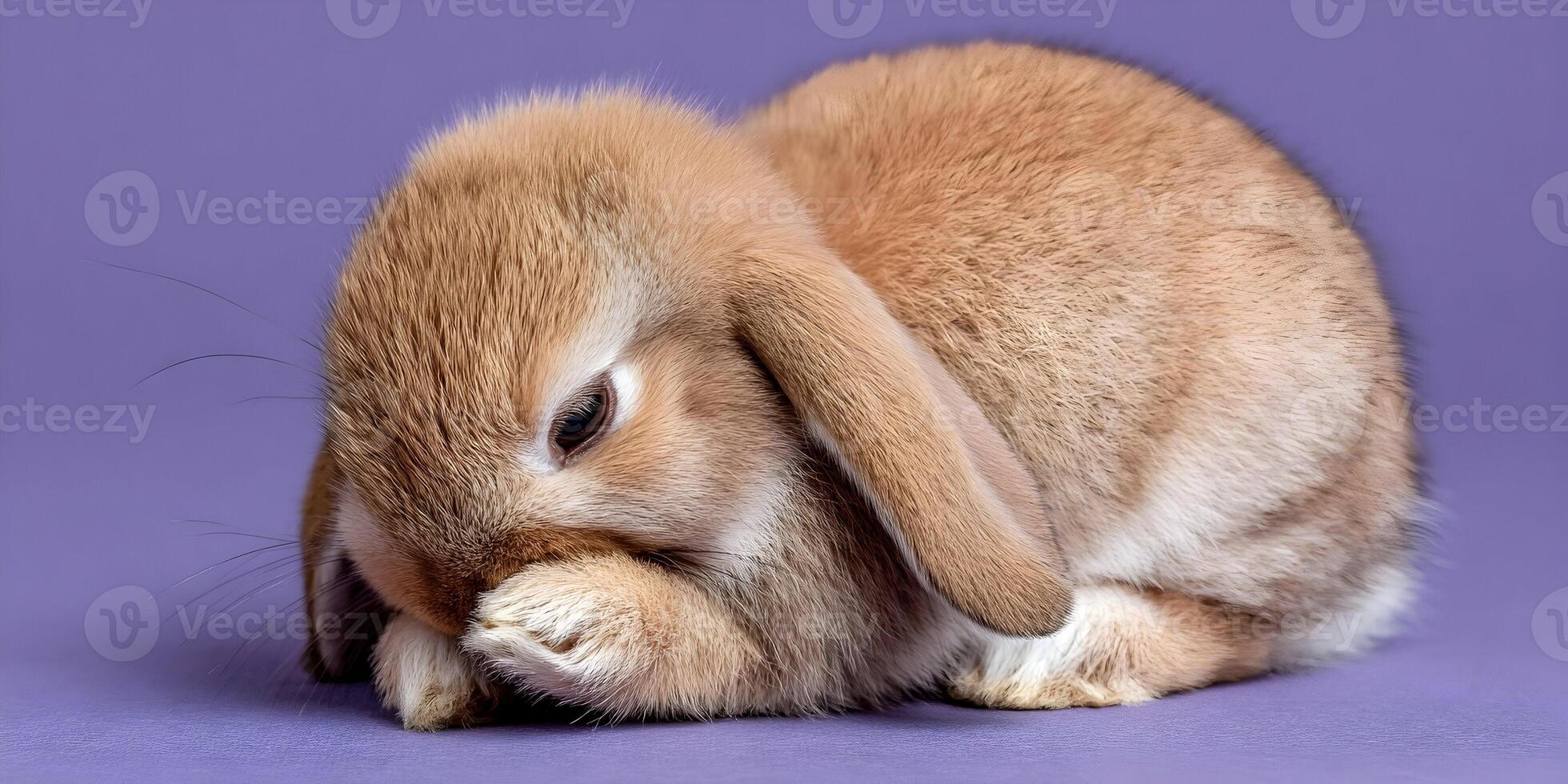 Cute Brown Lop Eared Rabbit Kitten Hiding Face Paws Purple Background photo