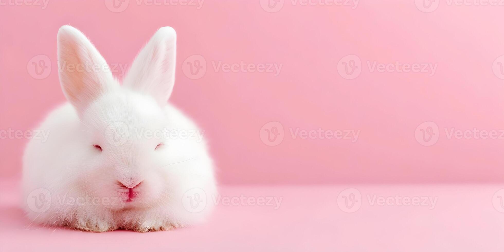 Cute White Baby Bunny Rabbit on Pink Background Easter Spring Animal photo