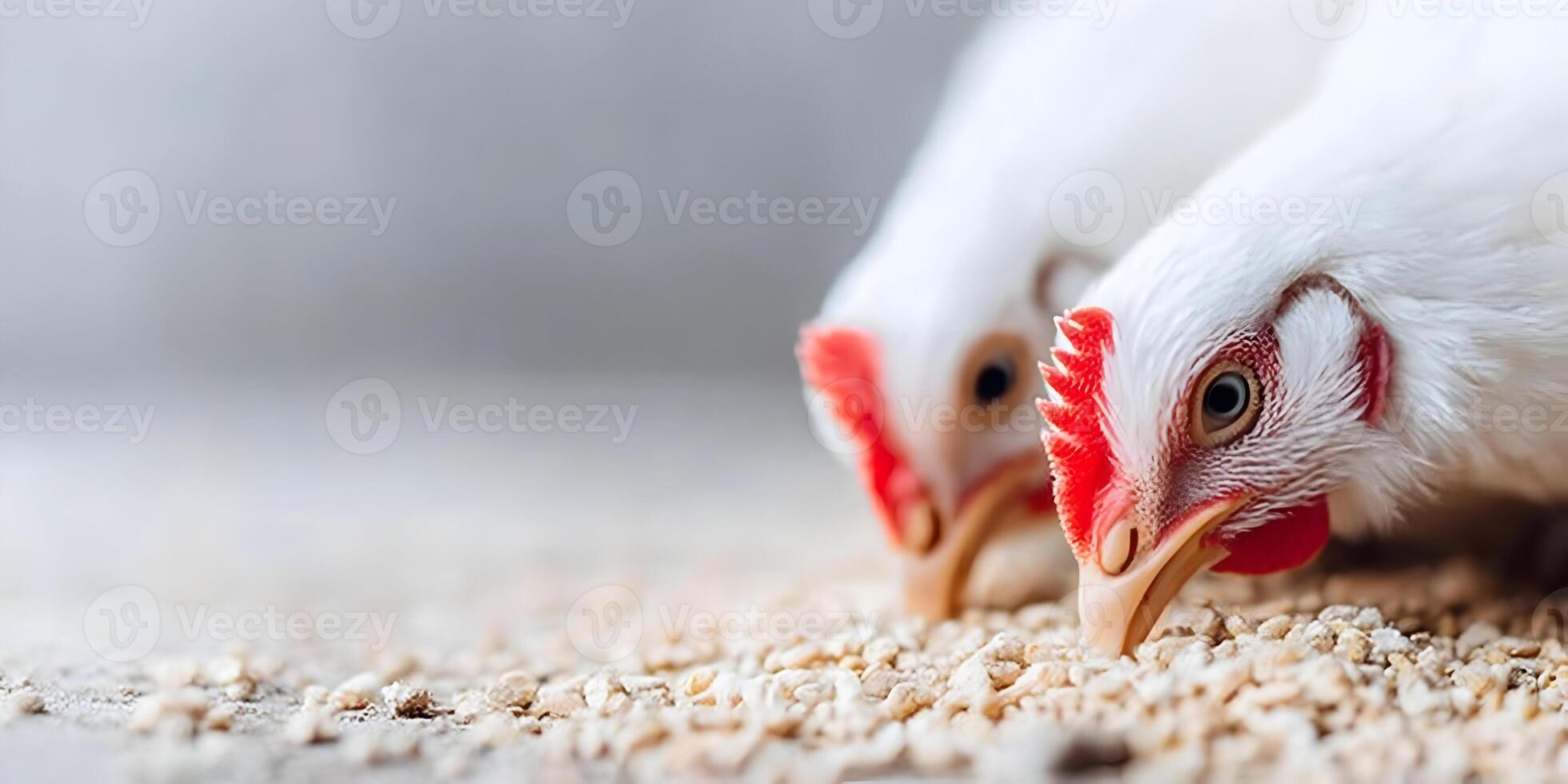 Two White Chickens Eating Chicken Feed Closeup Image photo