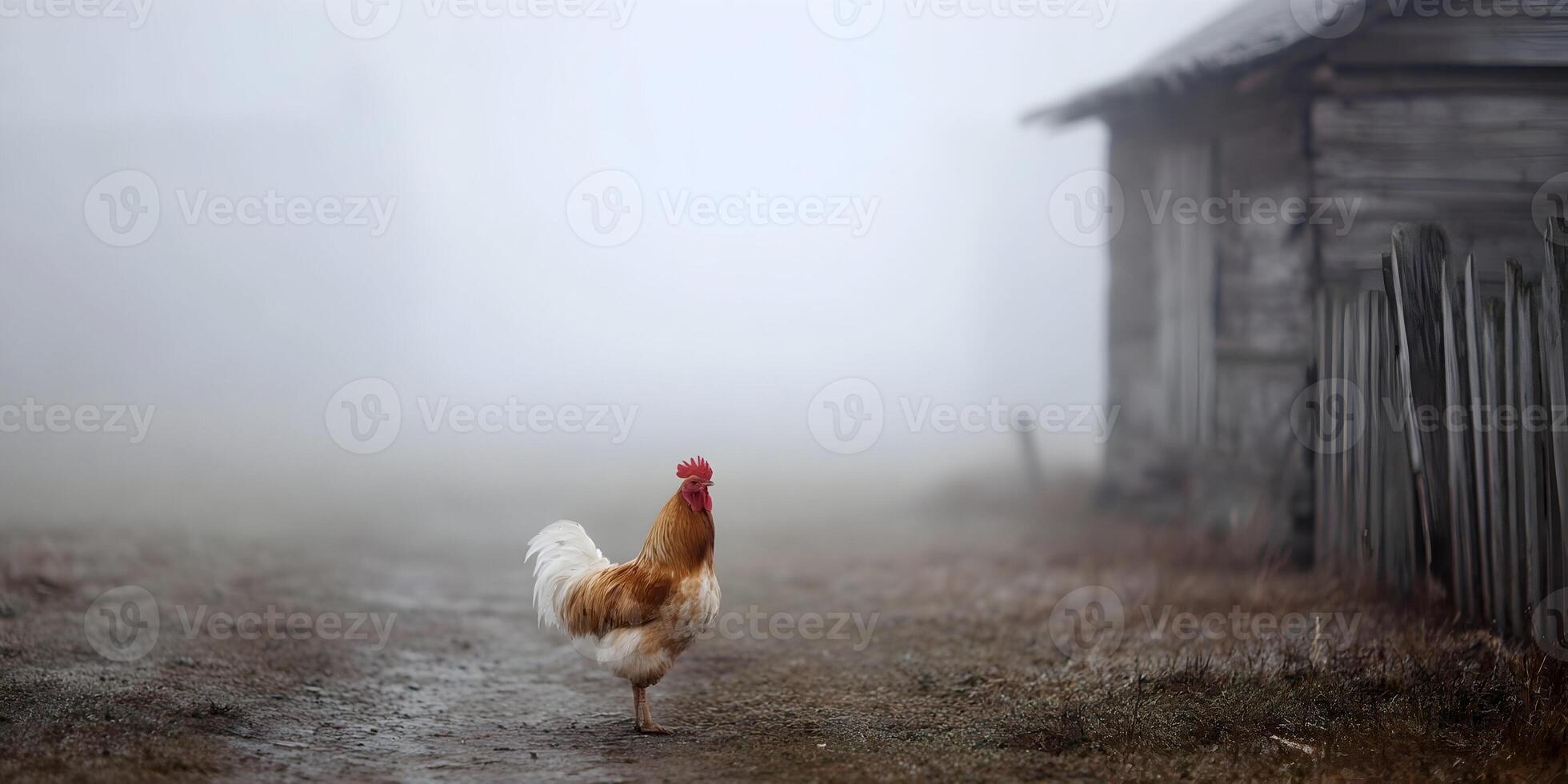 Rooster in Foggy Farm Setting near Old Wooden Barn photo