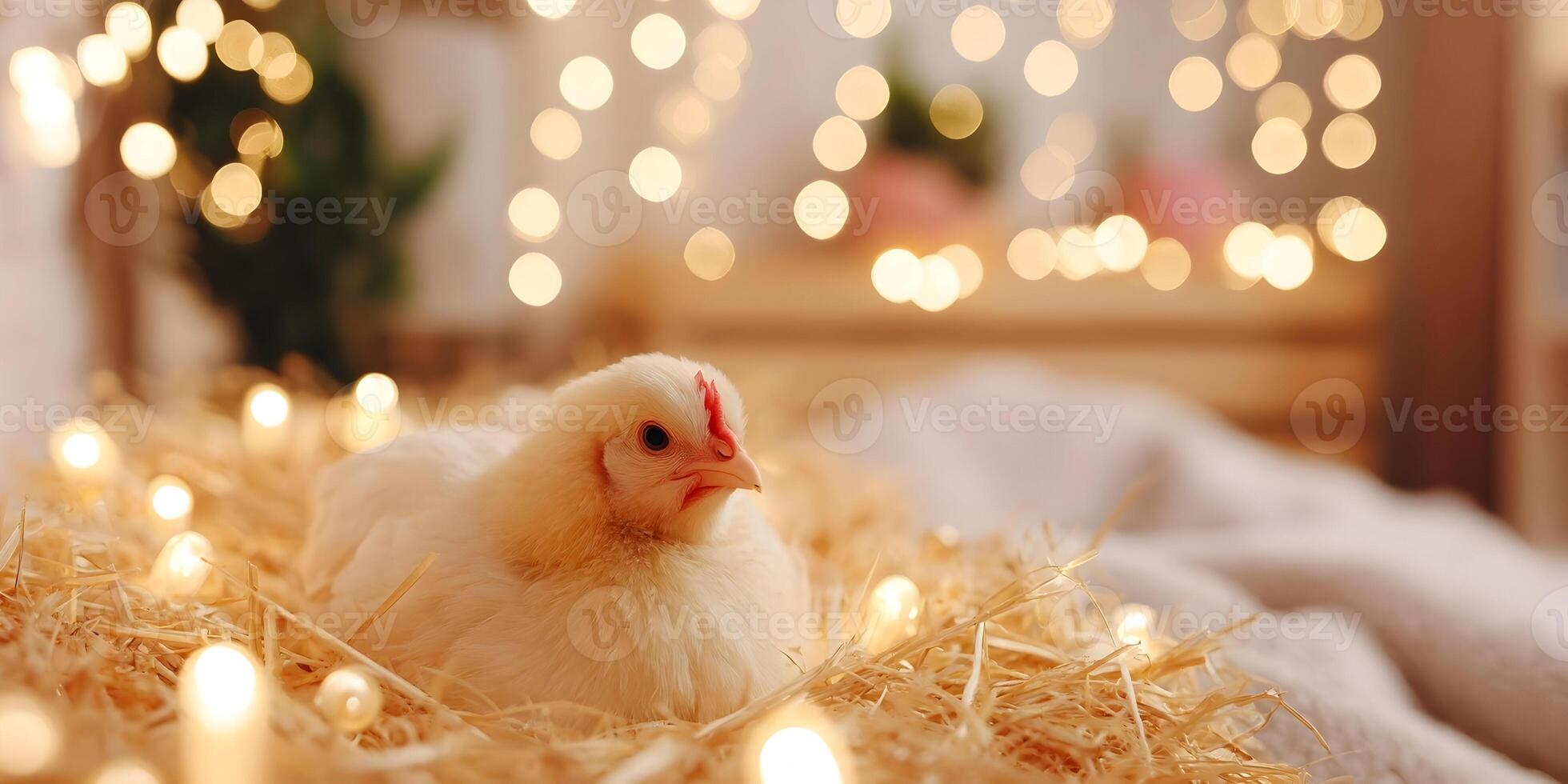 Cute Baby Chick in Hay Nest with Fairy Lights Cozy Christmas Scene photo
