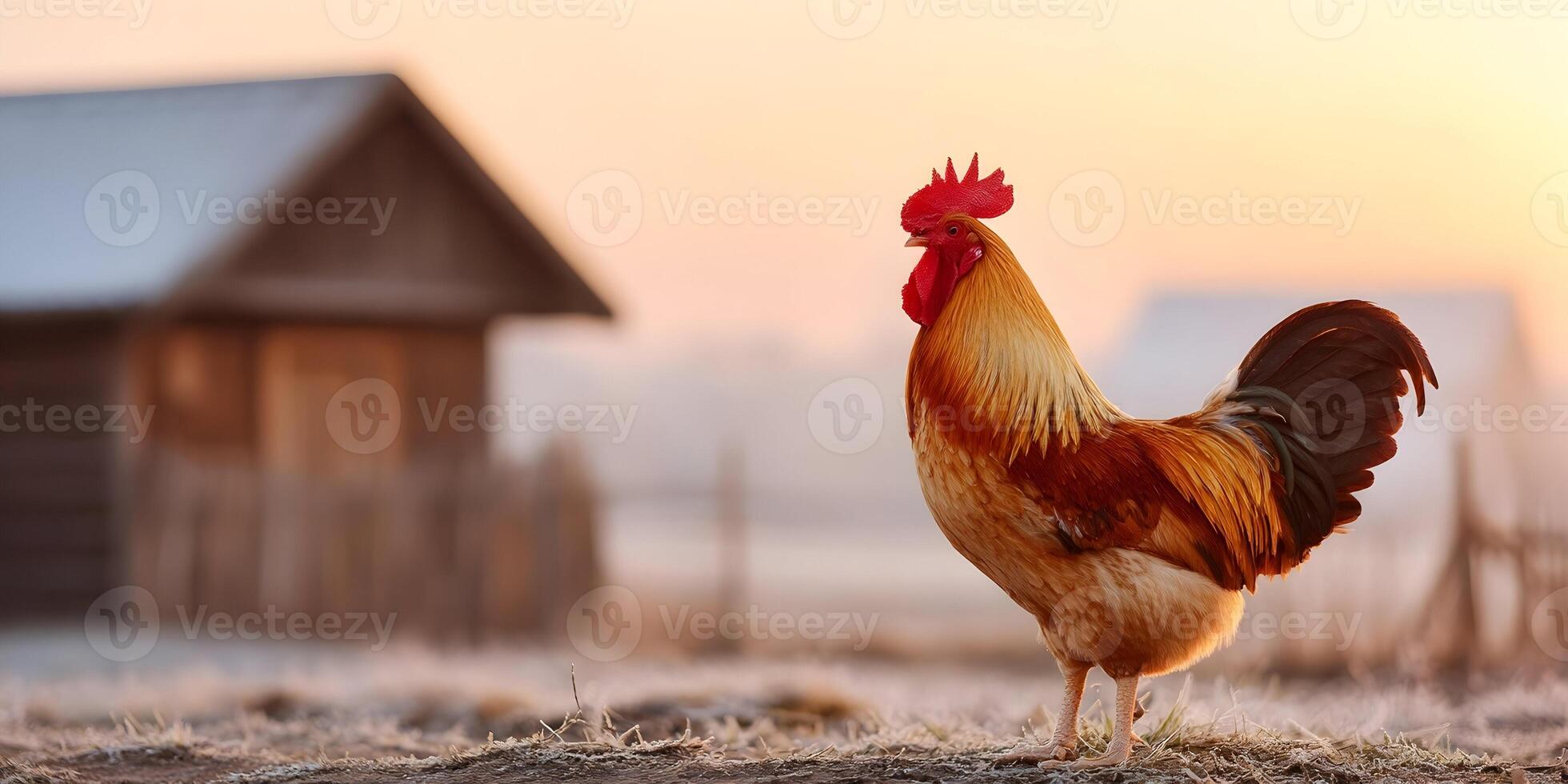 Rooster at Sunrise Farm Scene Golden Brown Feathers photo