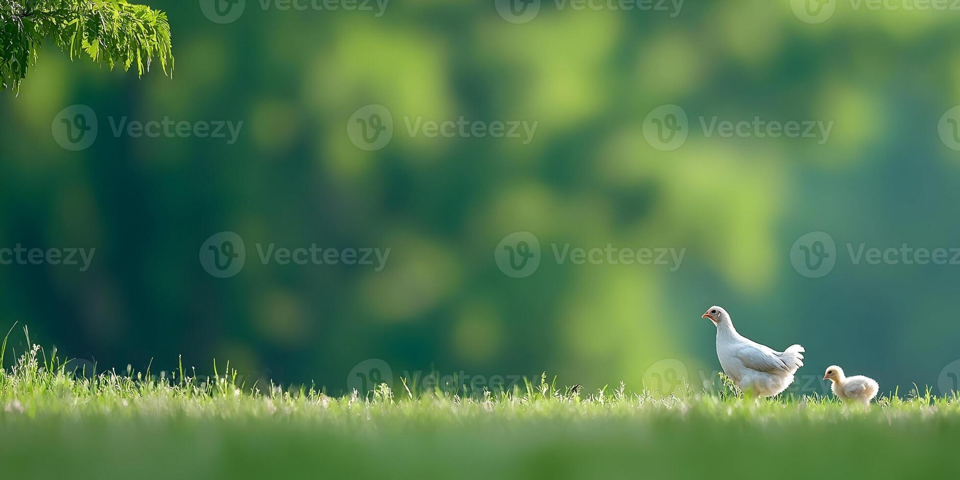 White Hen and Chick in Green Grass Field Nature Scene photo