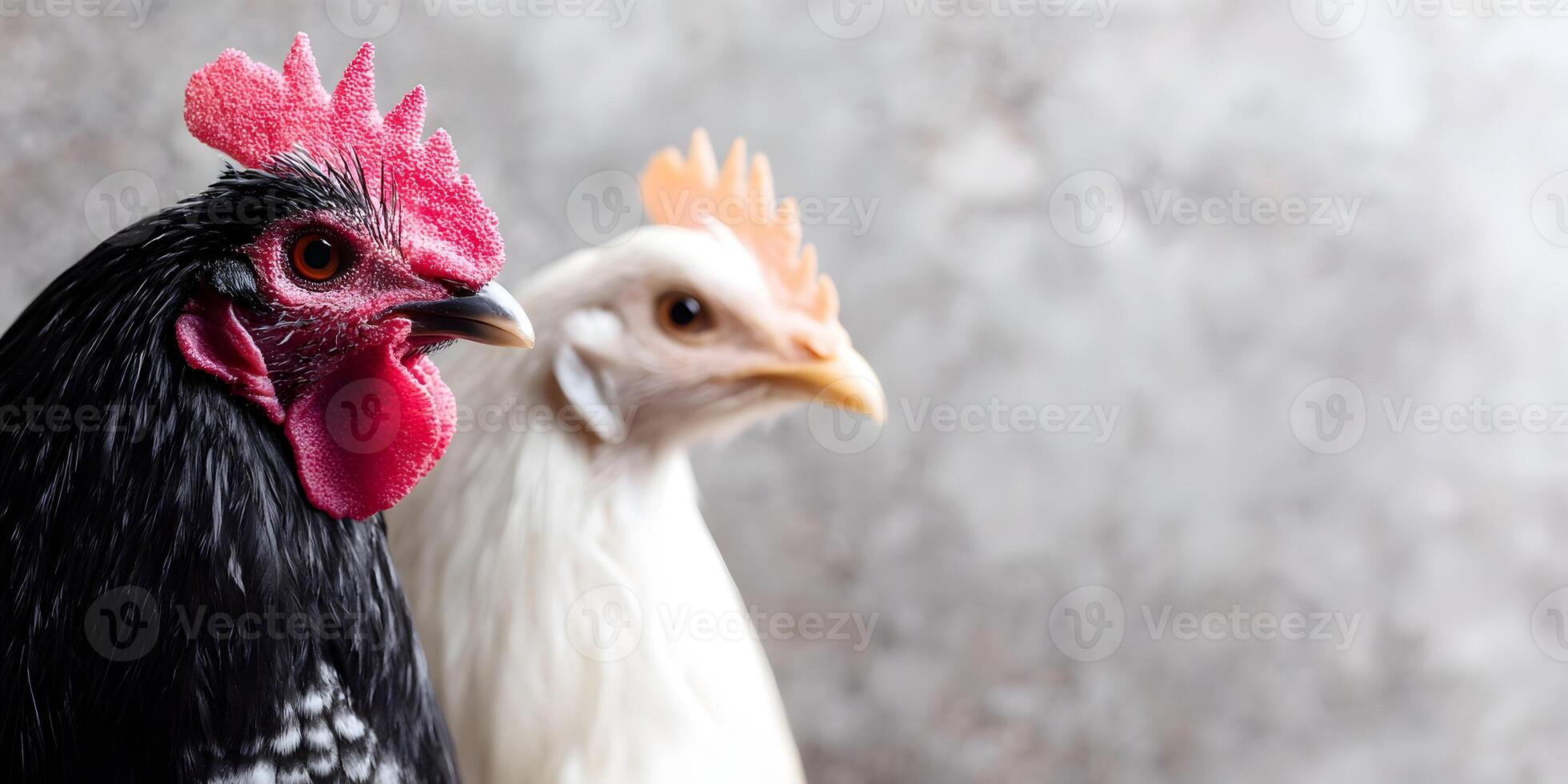 Closeup Black Rooster and White Hen Farm Animals photo