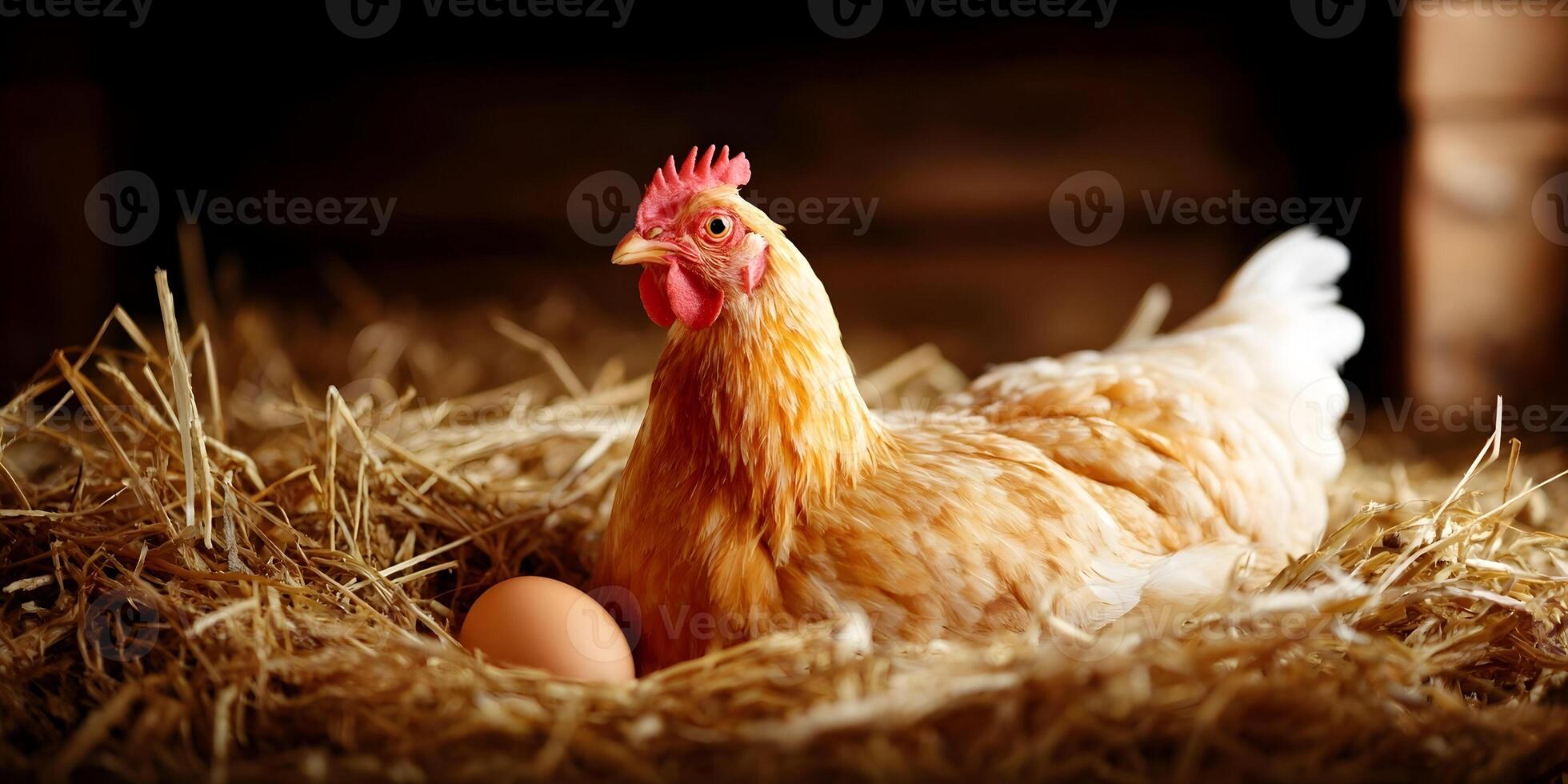 Hen Sitting on Nest with Fresh Egg in Hay Barn Setting photo