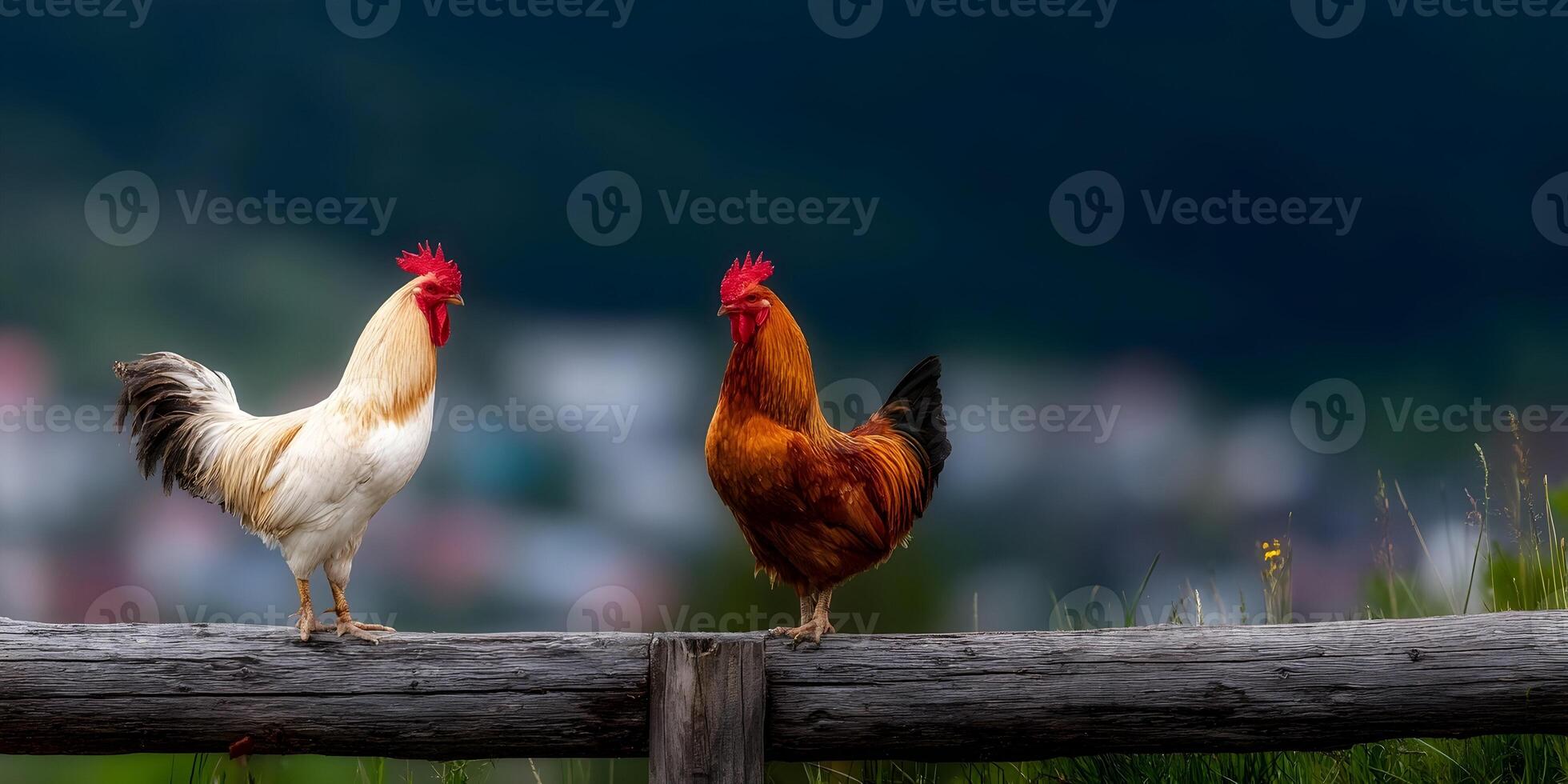 Two Roosters on Wooden Fence Rural Farm Scene photo